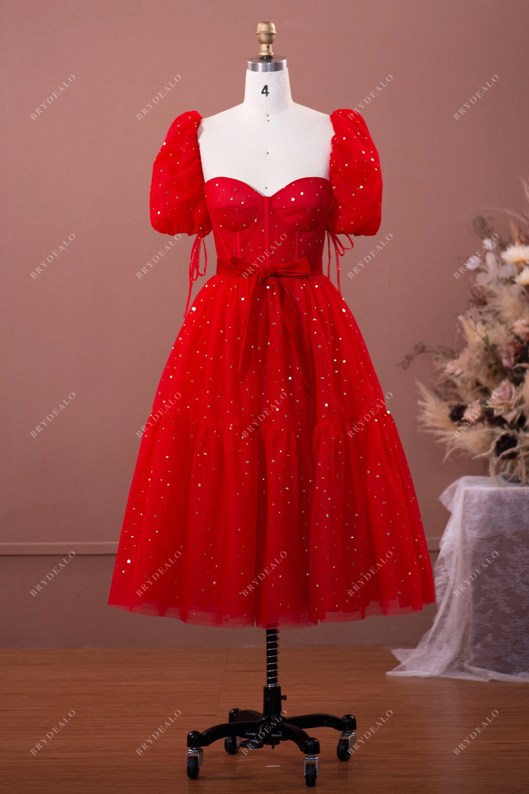 red stars tea length prom dress
