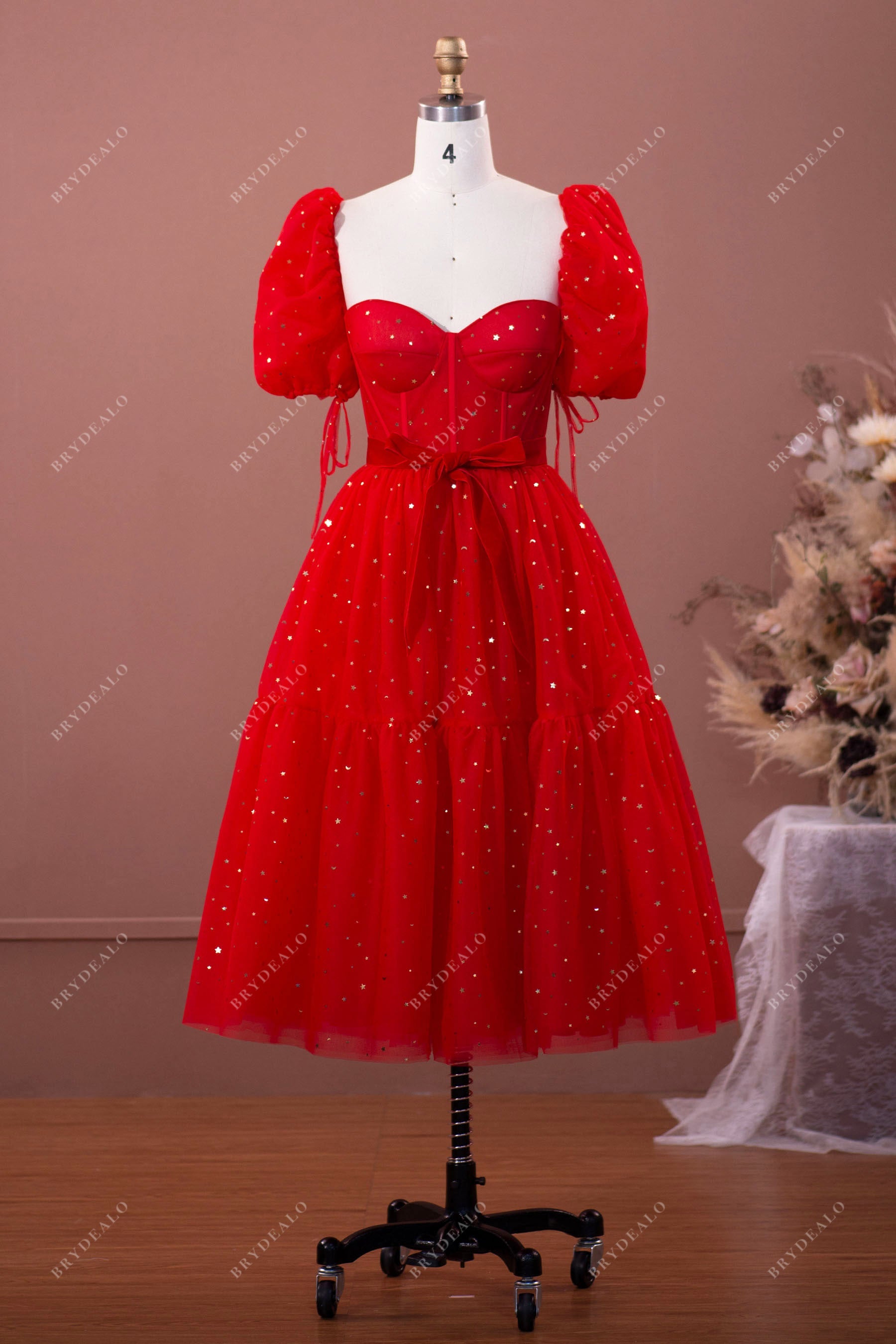 Sample Sale | Red Star Lantern Sleeve Tea Length Formal Gown Sample Sale | Red Star Lantern Sleeve Tea Length Formal Gown