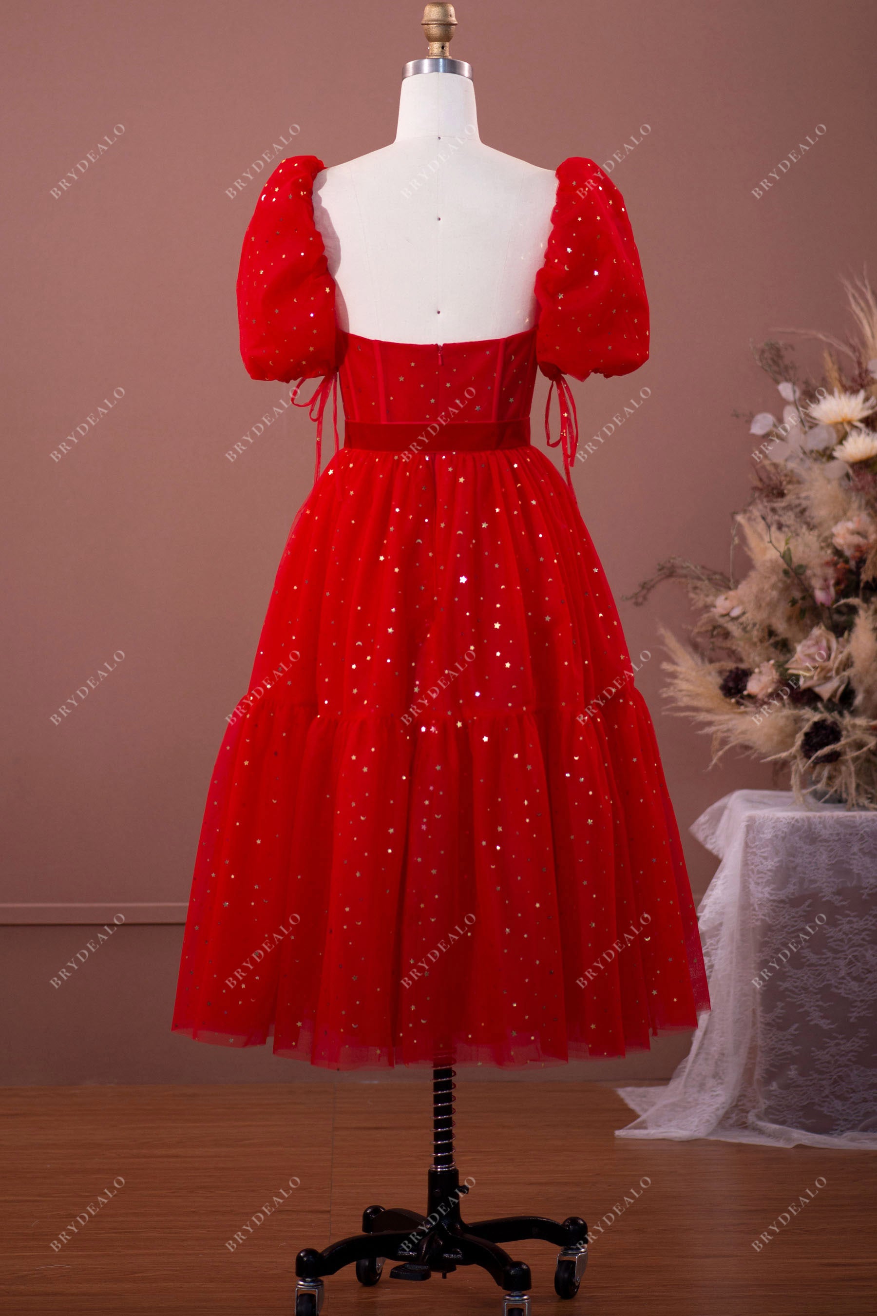 Red Stars Sweetheart Tea Length Formal Dress
