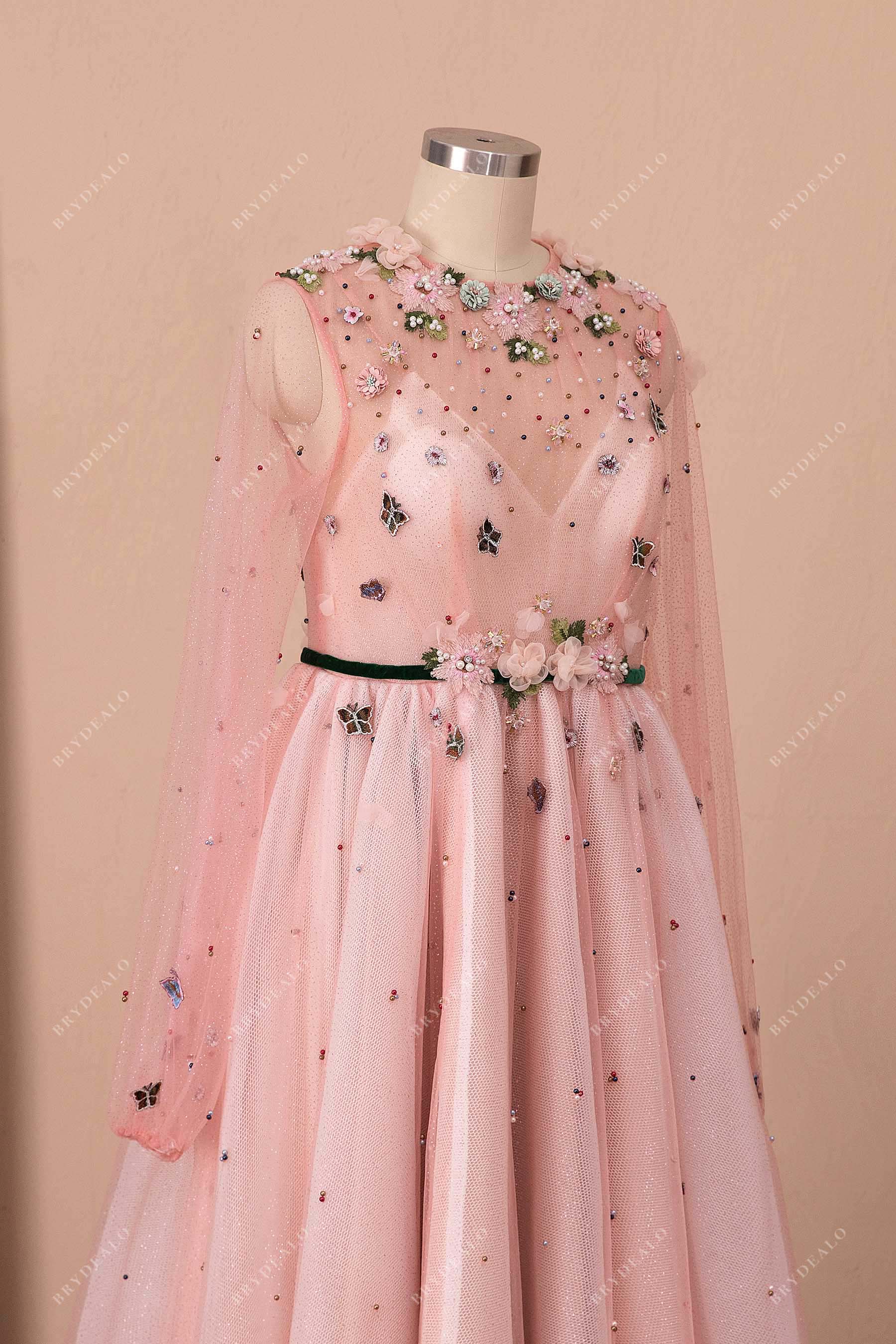 romantic 3D flowers sheer sleeved prom gown