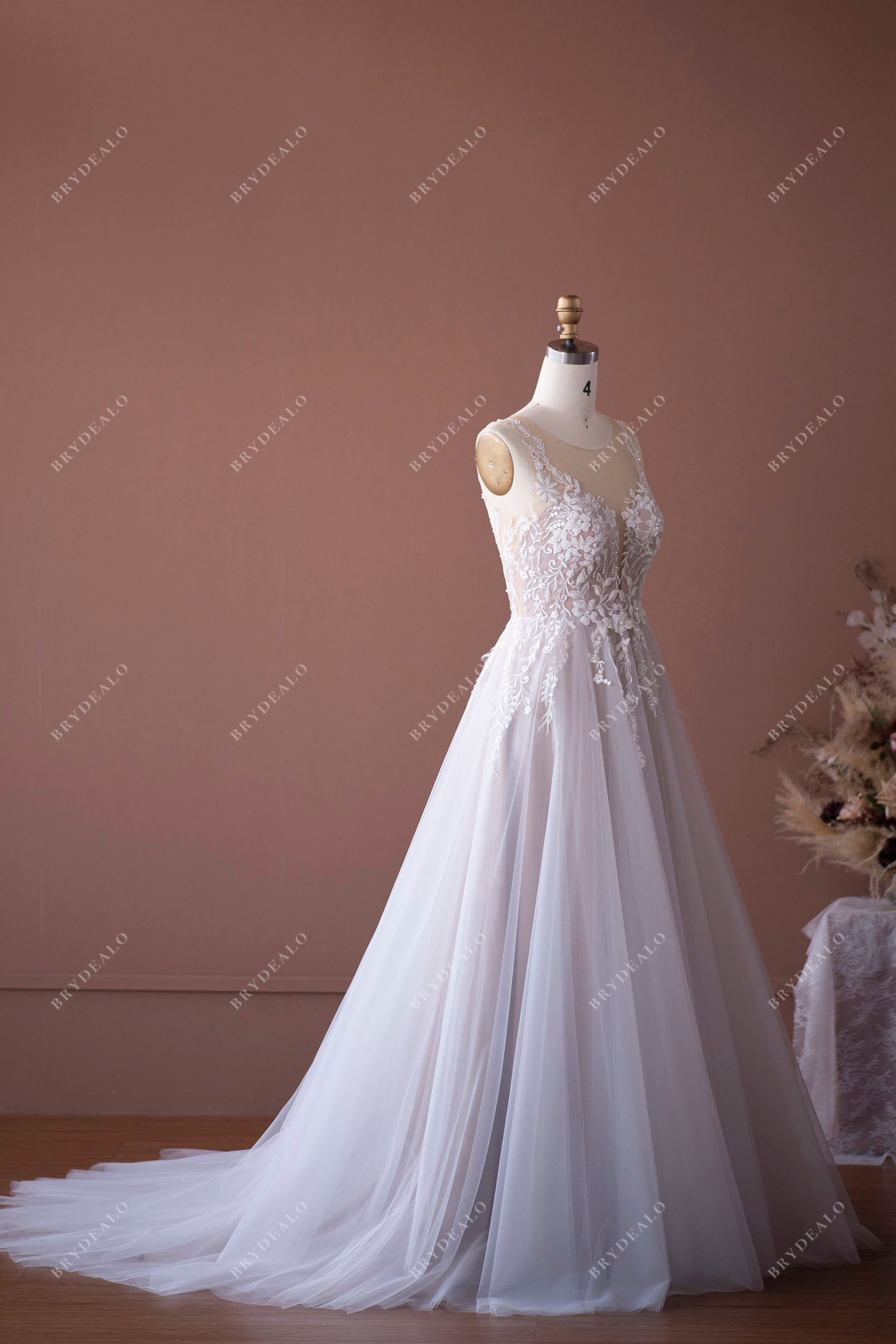 illusion back sleeveless wedding ball gown