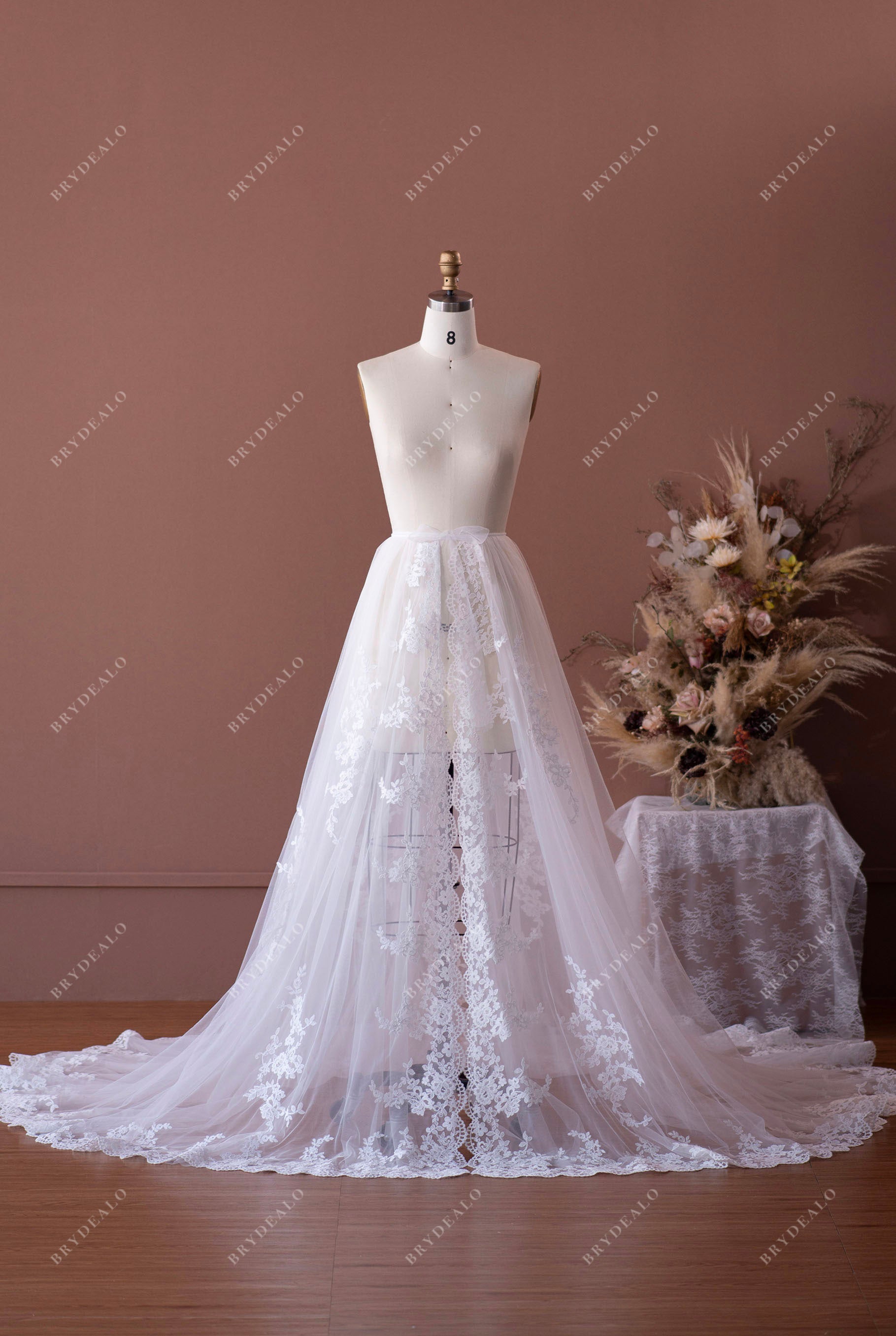 romantic flower lace tulle long bridal overskirt with sash closure
