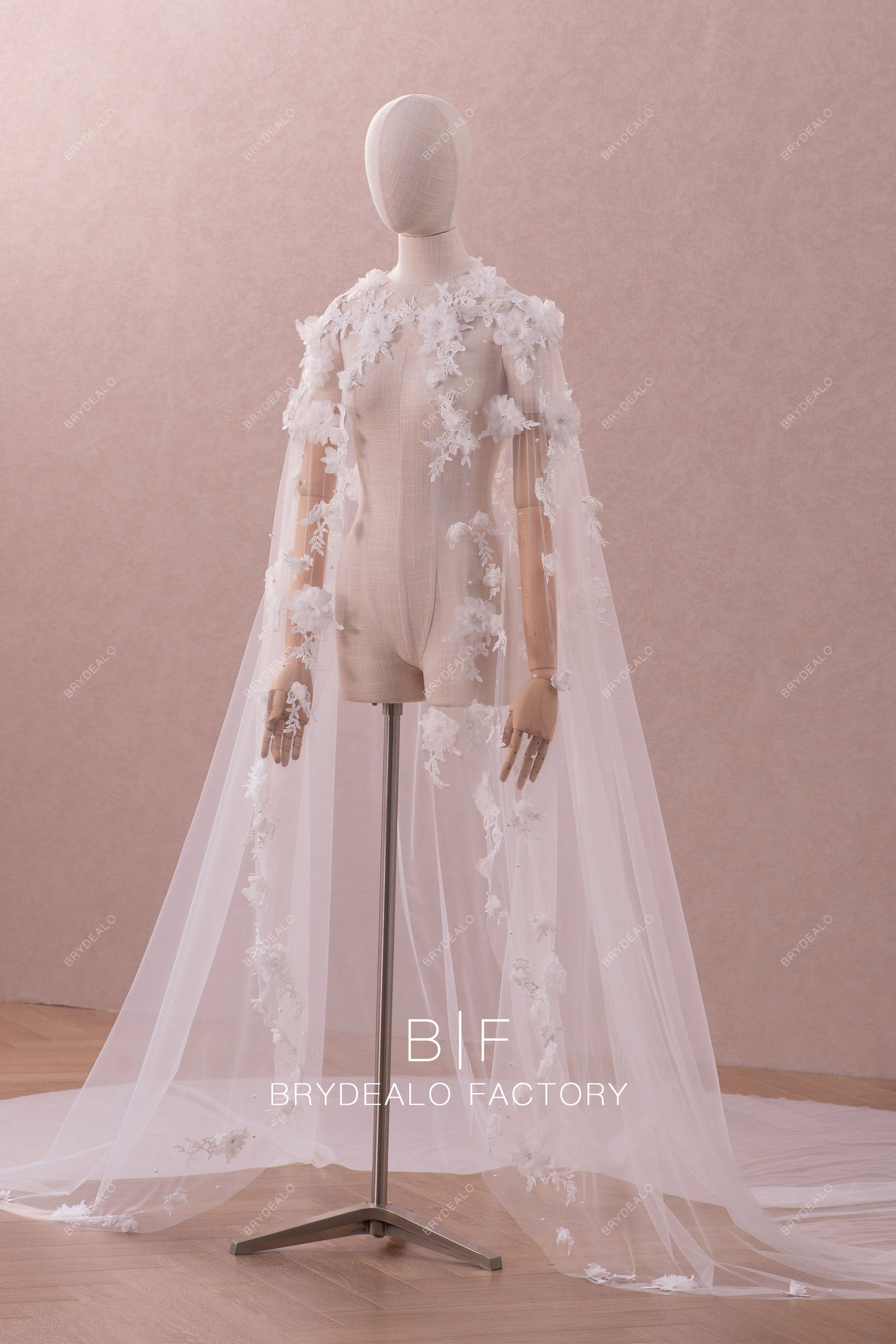 romantic flower pearl illusion bridal cape