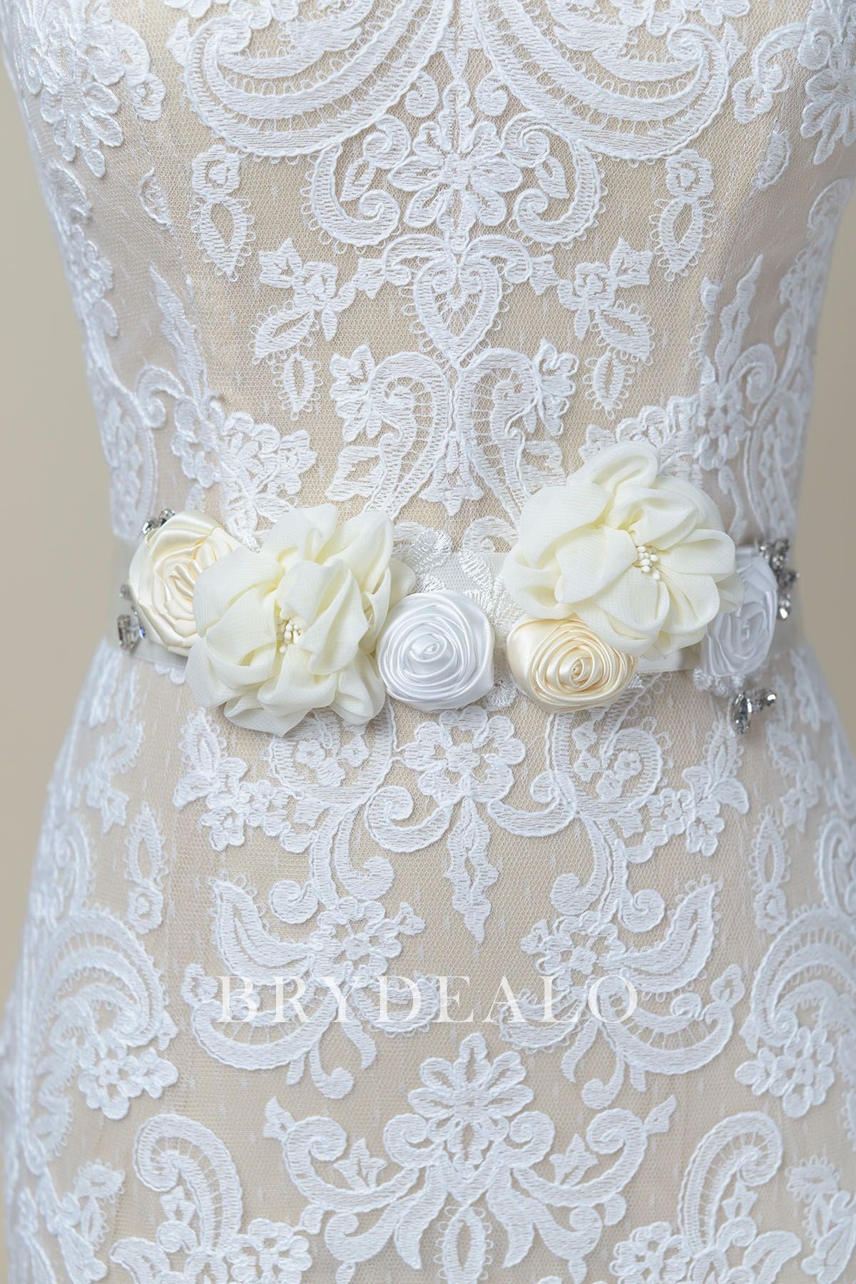 Romantic Flowers Crystals Satin Bridal Sash