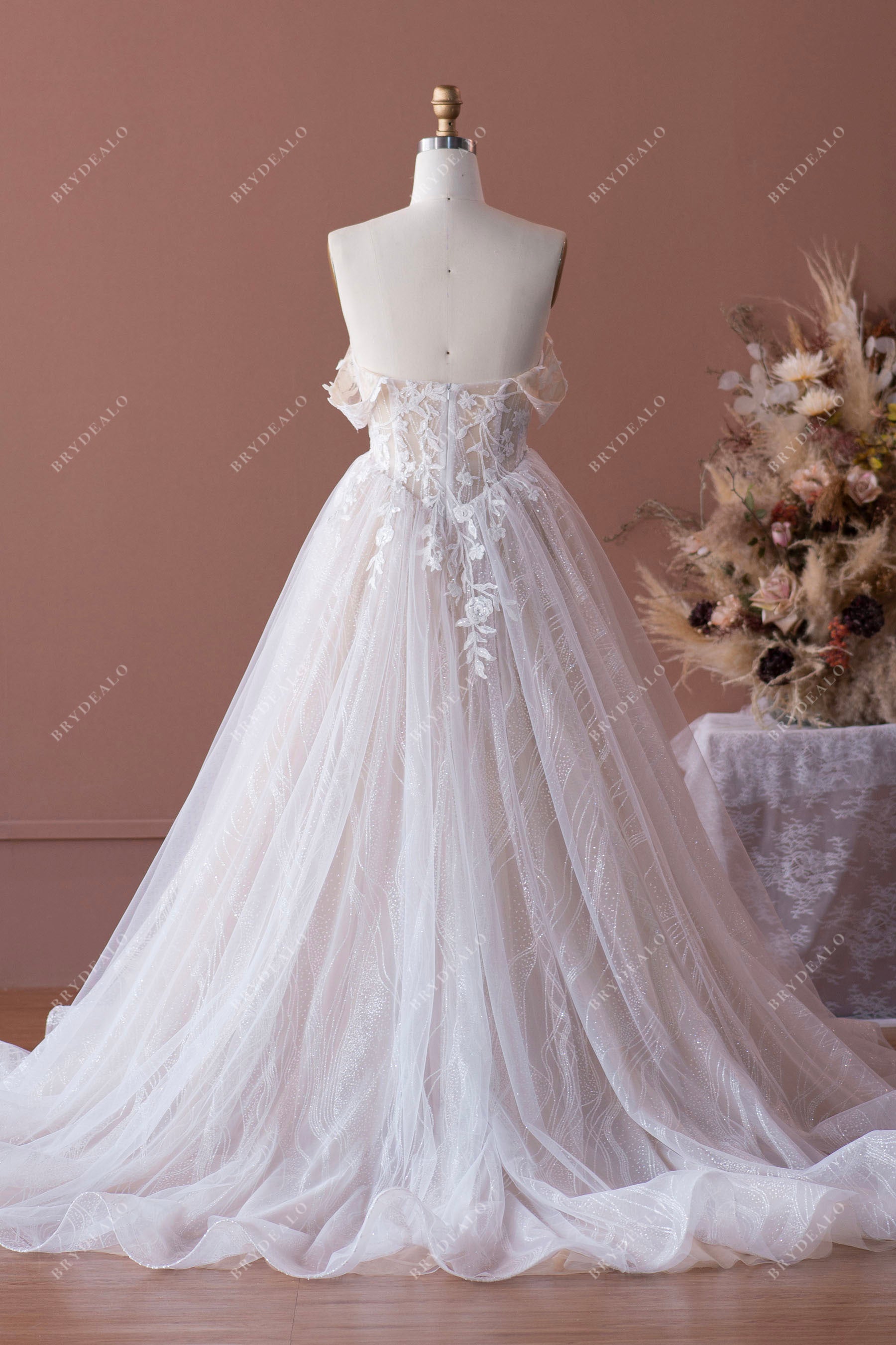 Romantic Lace Champagne Off-shoulder Wedding Dress