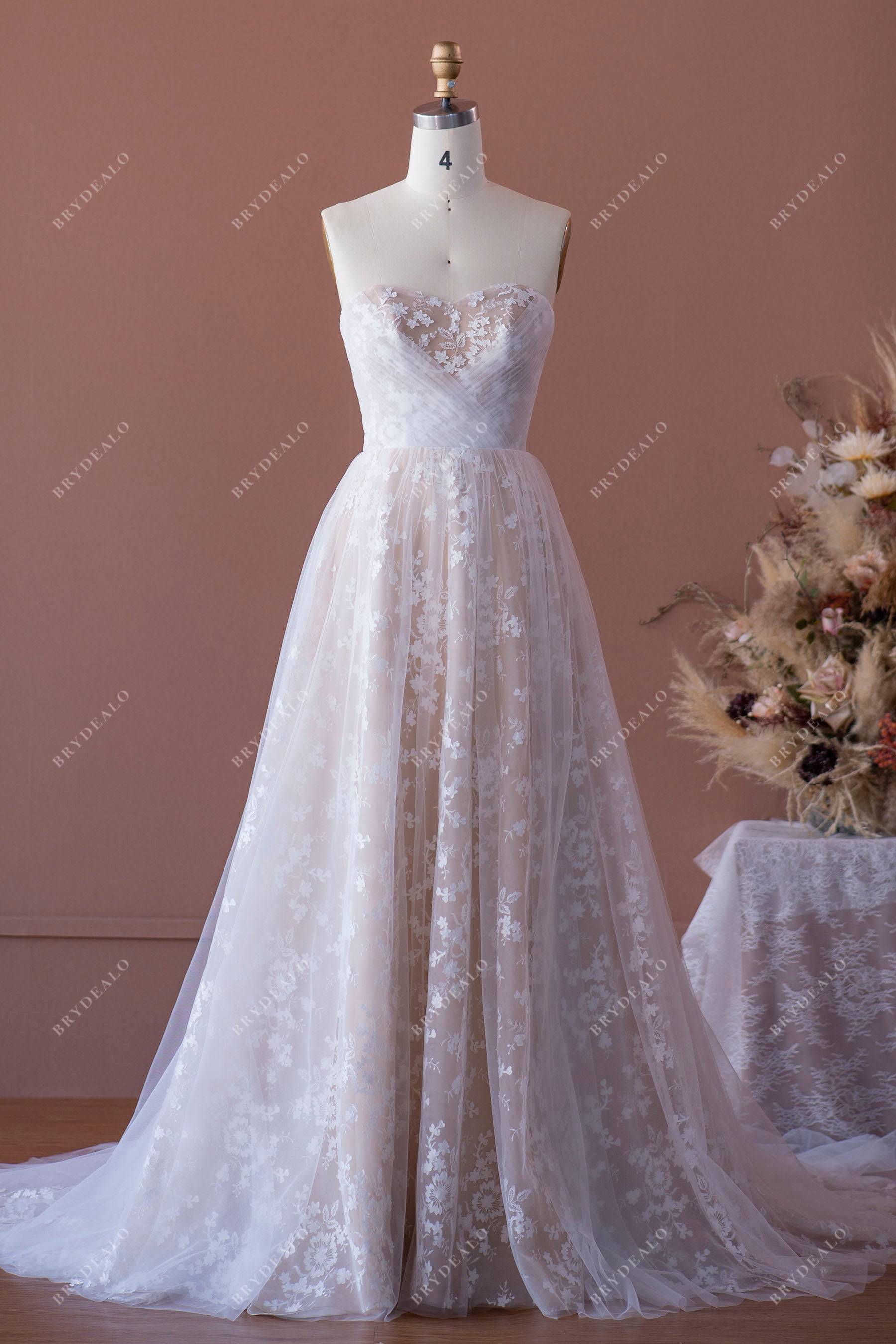 Romantic Lace Off Shoulder A-line Wedding Dress Light Ivory
