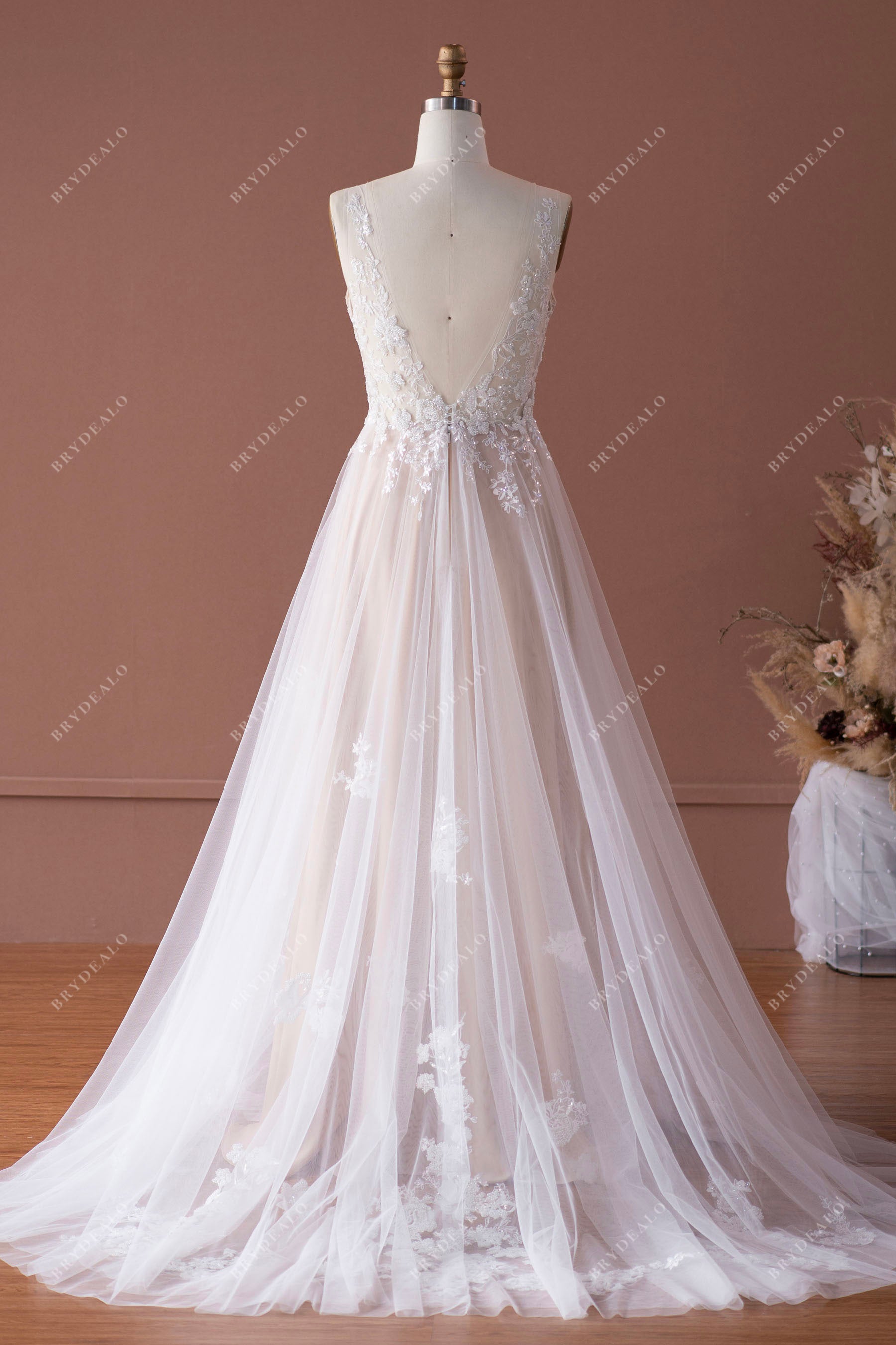 romantic open back long beach wedding dress
