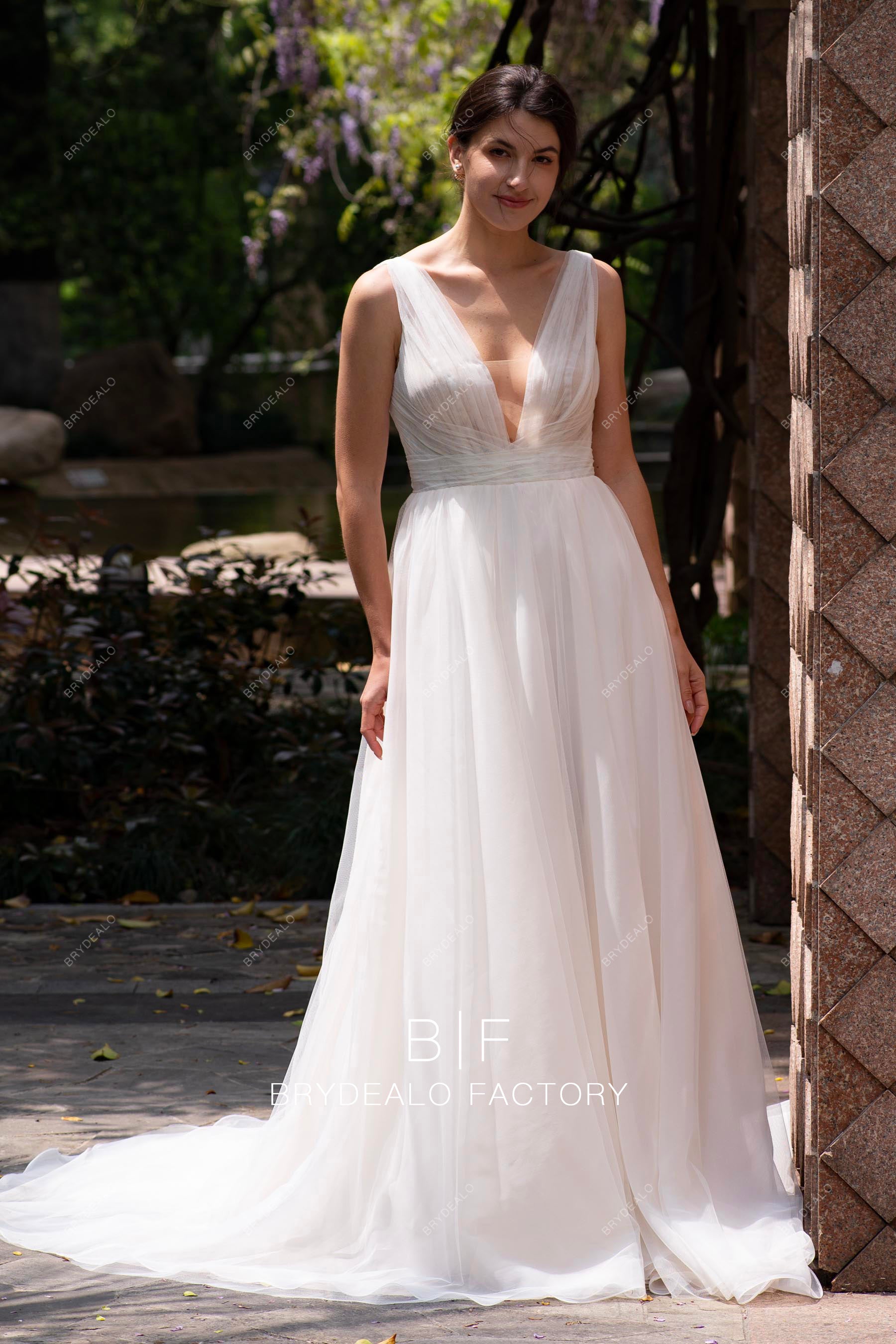 Pleated Plunging Straps Soft Tulle A-line Wedding Dress Light Ivory Pleated Plunging Straps Soft Tulle A-line Wedding Dress Light Ivory