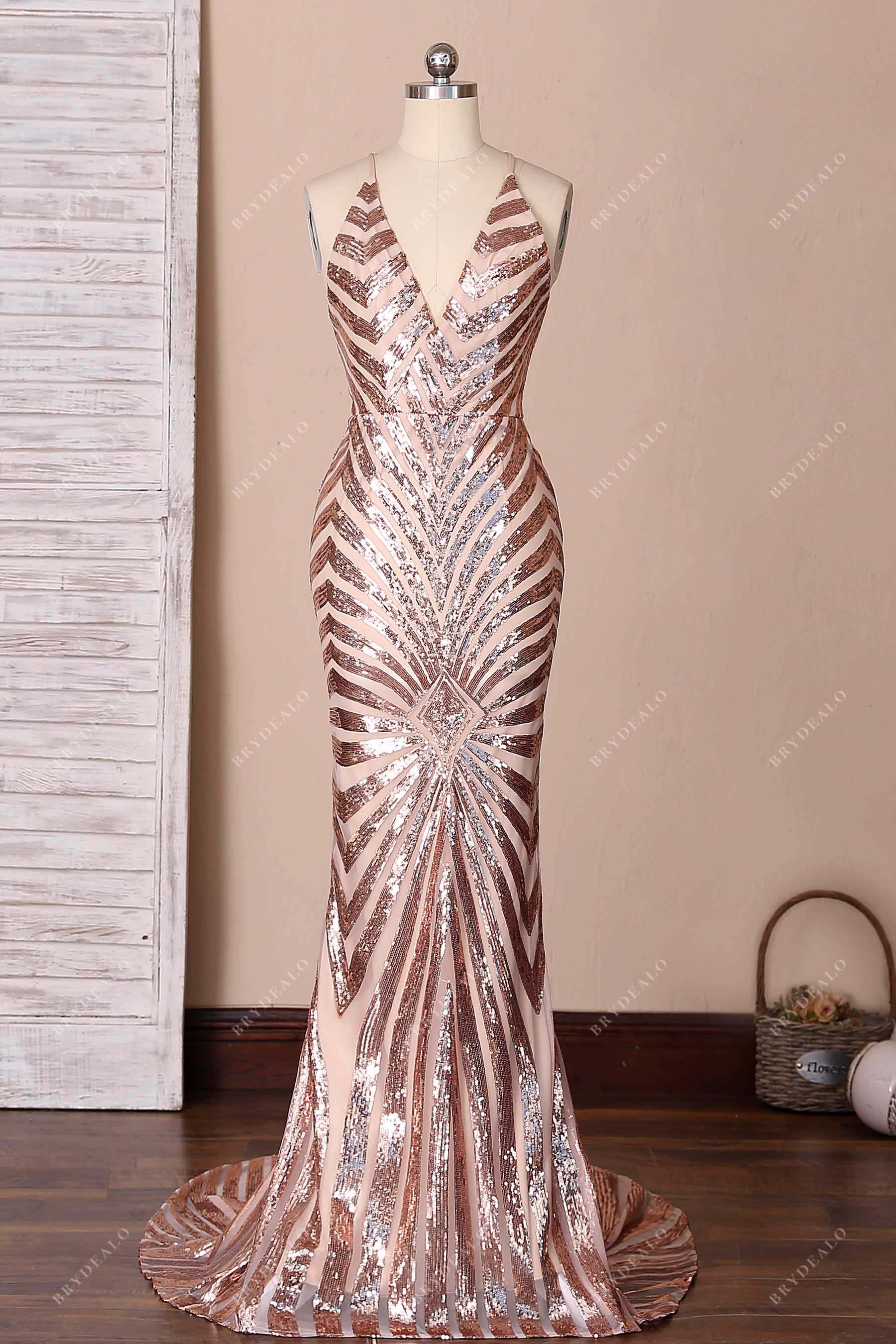 Rose Gold Spider Web Sequin Low Back Prom Dress Rose Gold Spider Web Sequin Low Back Prom Dress