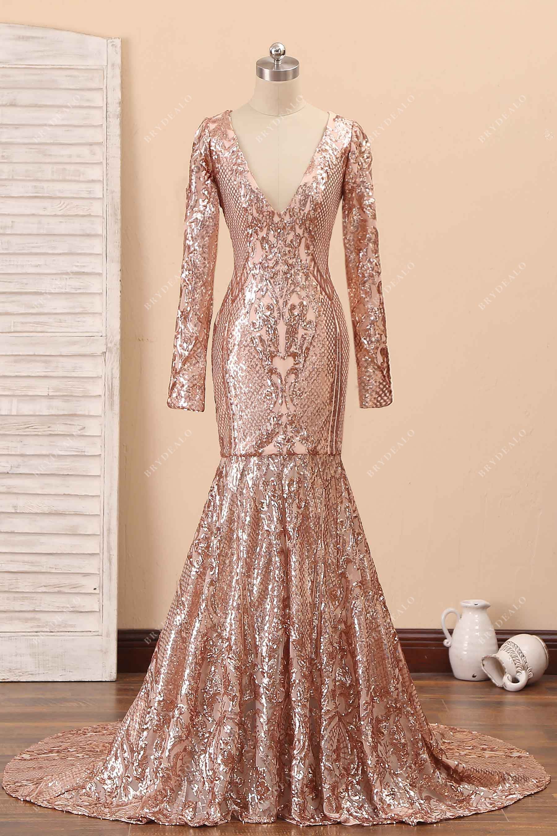 Champagne Sequin Long Sleeve Mermaid Prom Dress Champagne Sequin Long Sleeve Mermaid Prom Dress