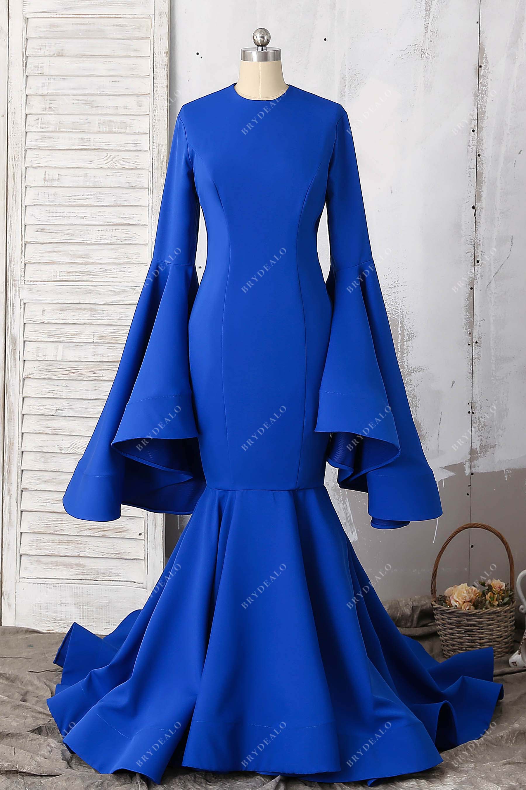 Vintage Bell Sleeve Royal Blue Trumpet Prom Gown Vintage Bell Sleeve Royal Blue Trumpet Prom Gown