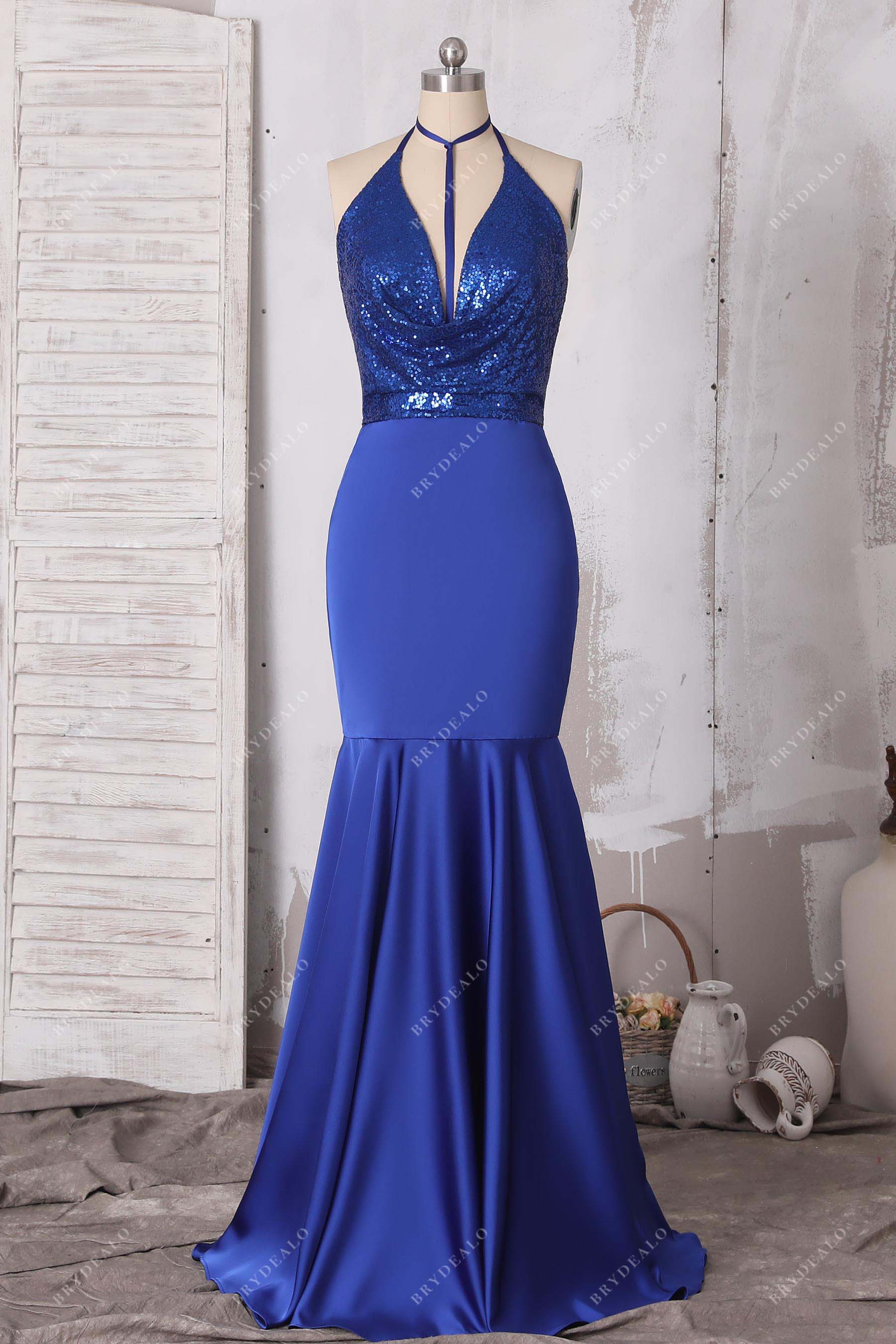 Royal Blue Sequin Satin Halter Cowl Neck Prom Dress