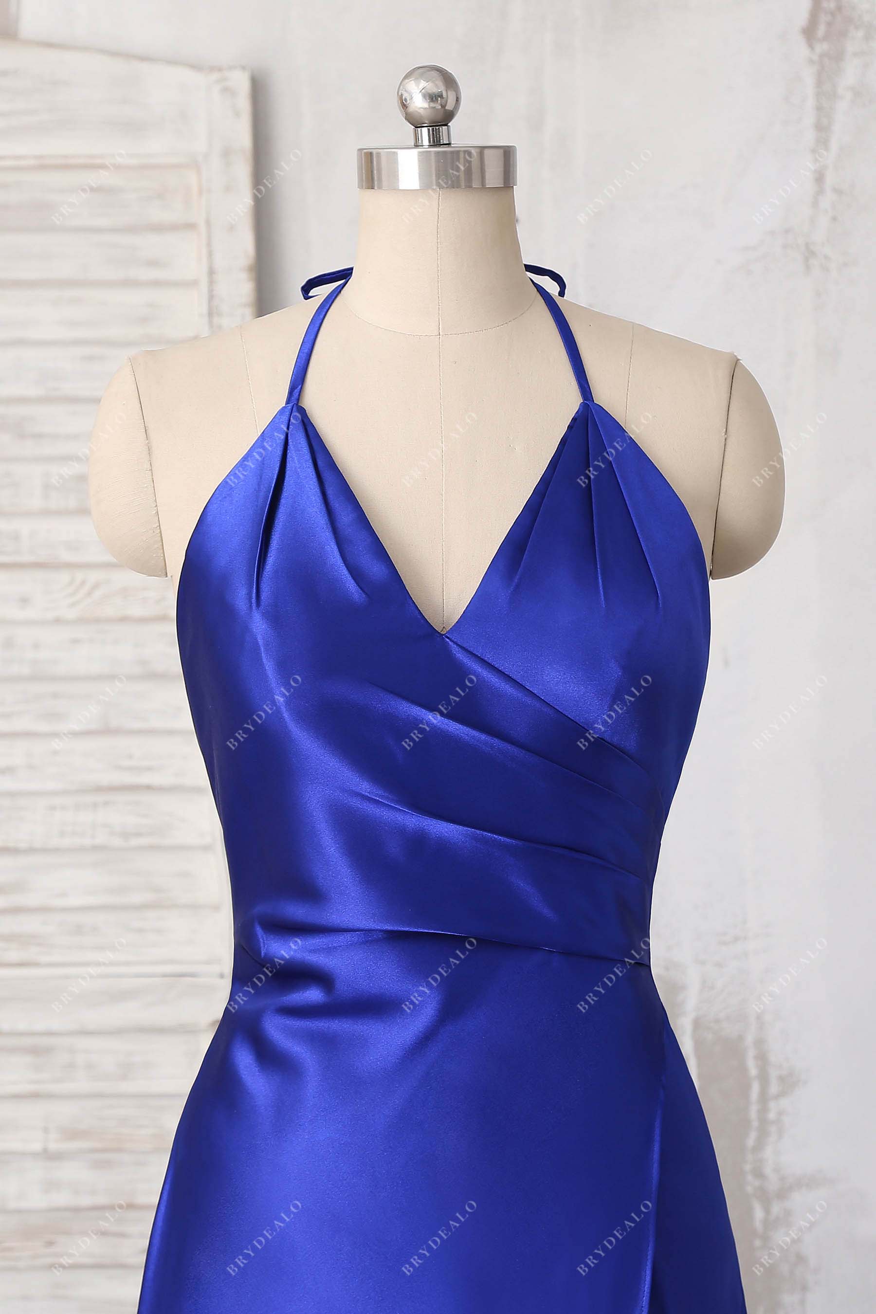 ruched halter satin prom dress