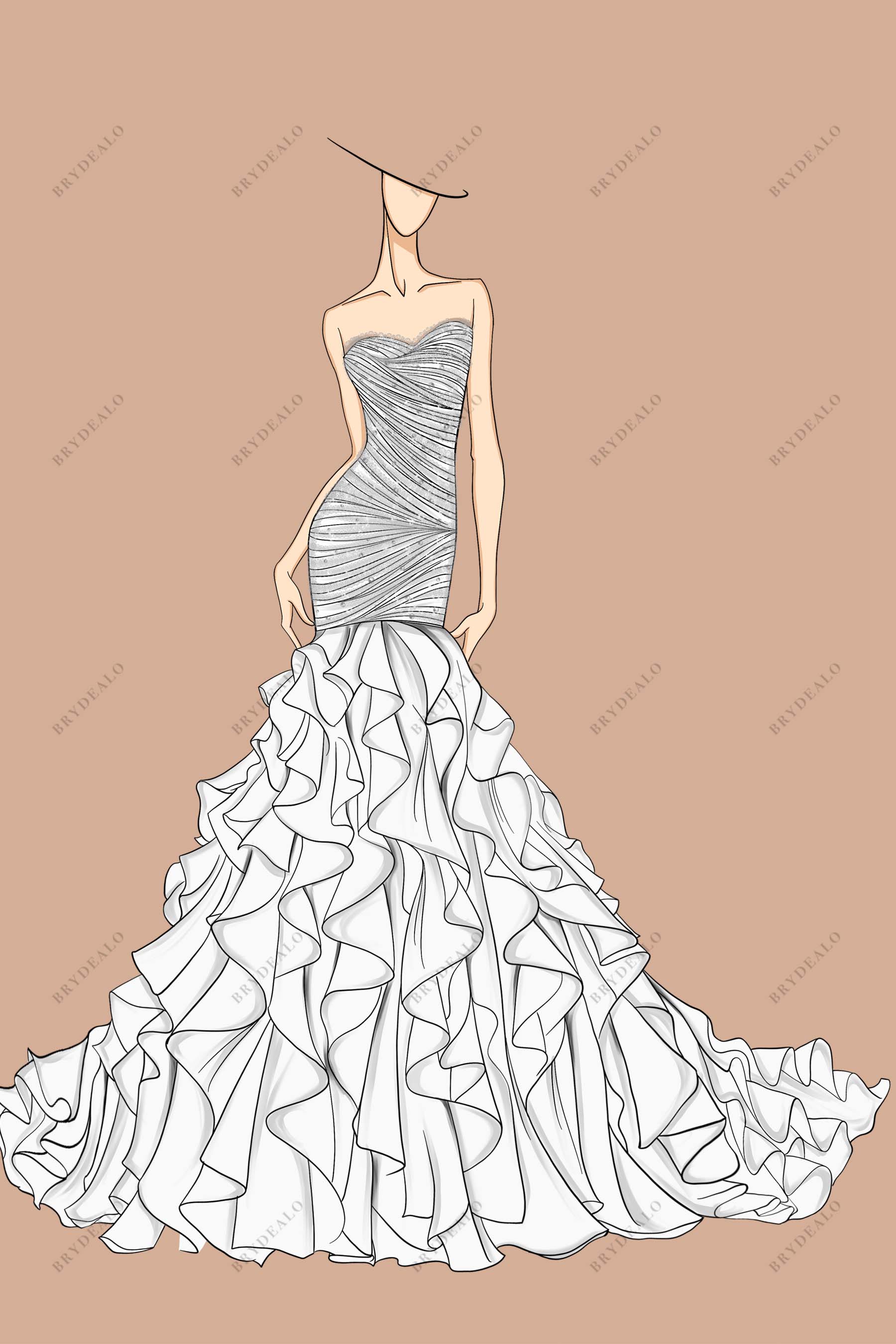 Strapless Ruched Sweetheart Ruffled Trumpet Wedding Dress Sketch