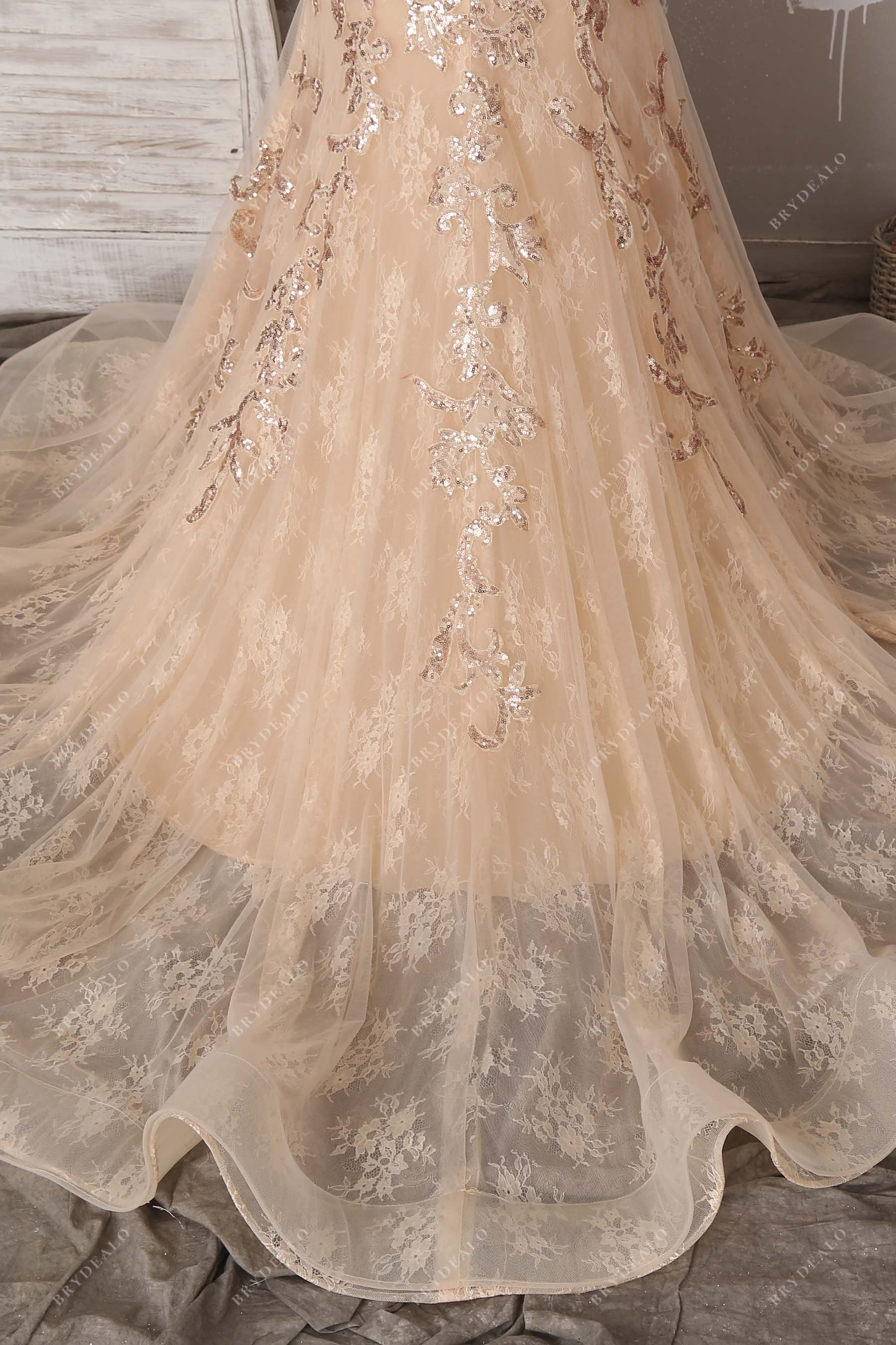 ruffled lace long train prom dress