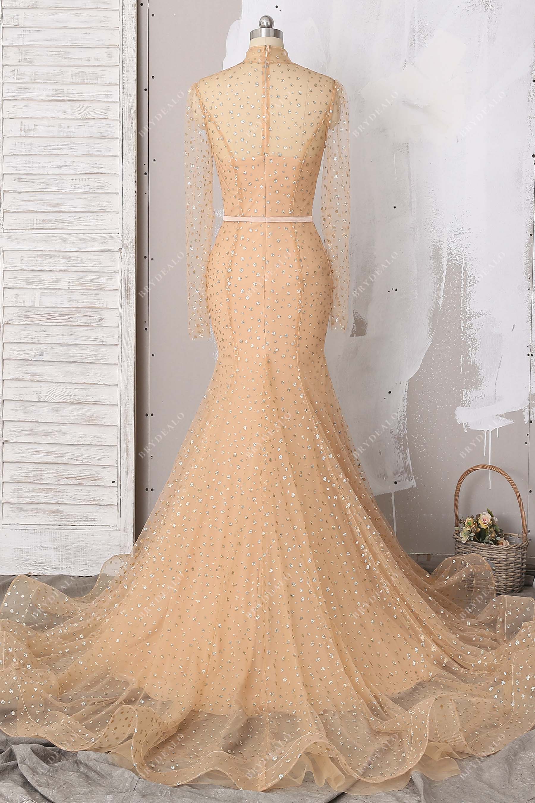 ruffled long train high neck prom gown