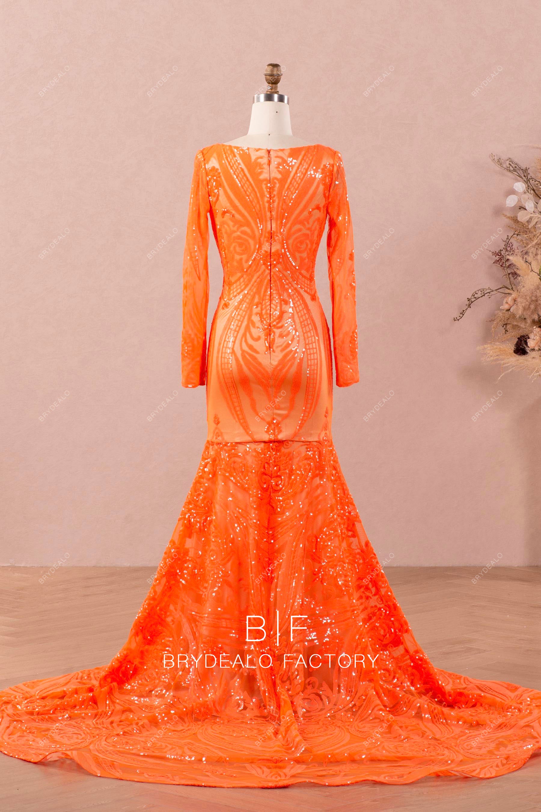 Orange Long Sleeve V-neck Patterned Sequin Prom Dress