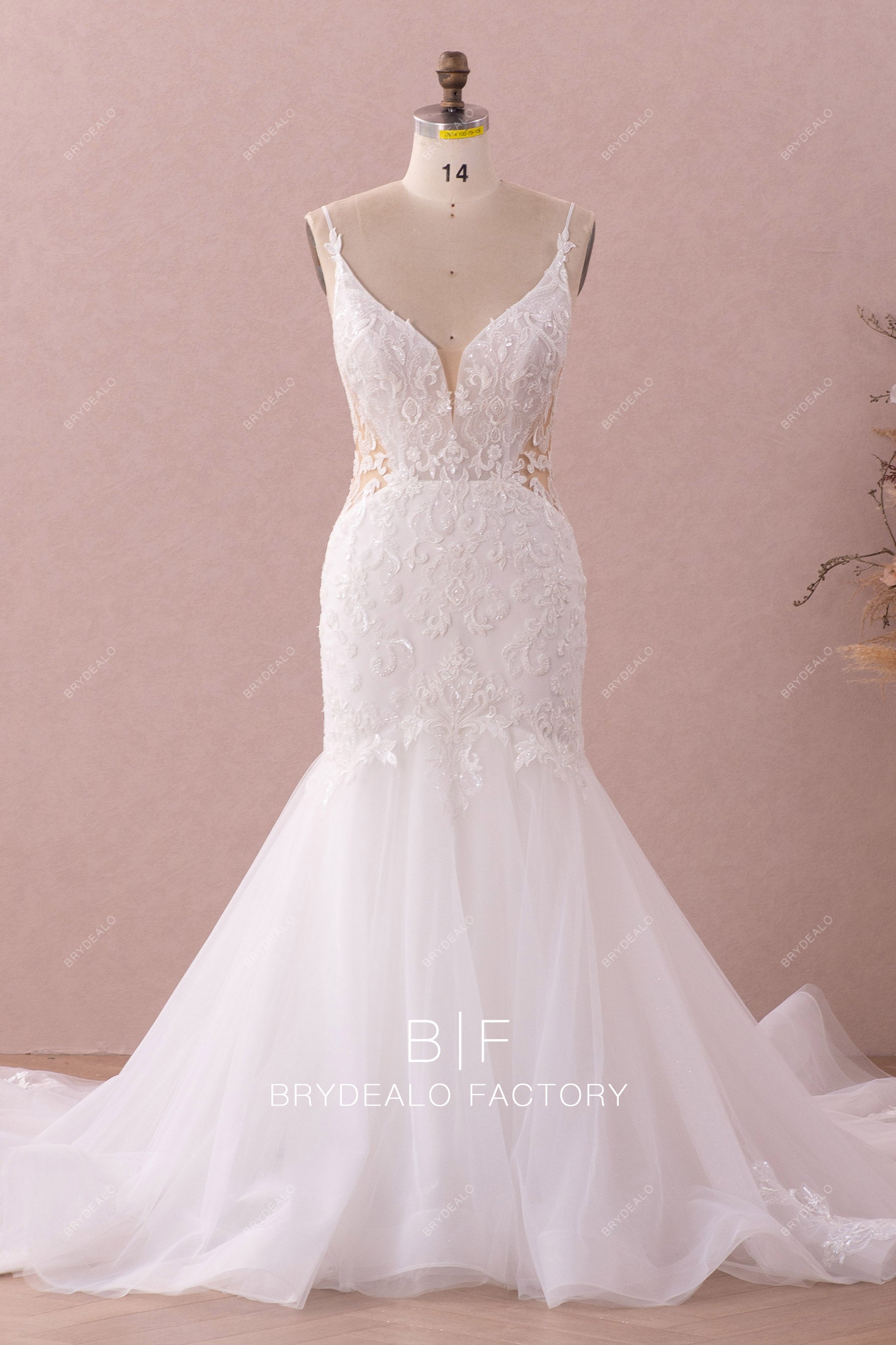 fitted lace wedding dress DeKlaire 418 Mermaid Wedding Dress – V-Neck, Mid Sleeves & Court Train Ivory / 2XL main image 1