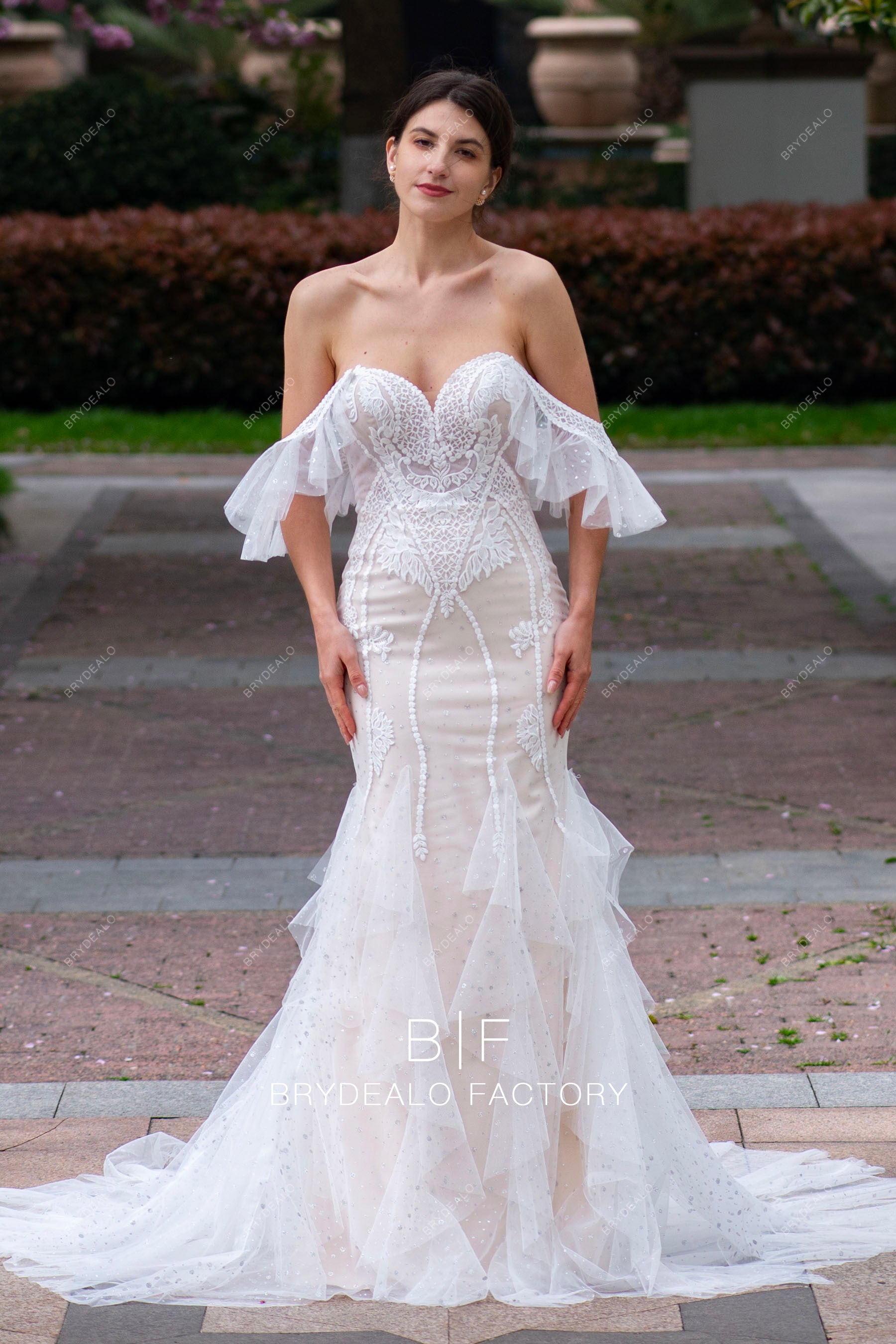 ruffled off shoulder shimmery boho wedding dress