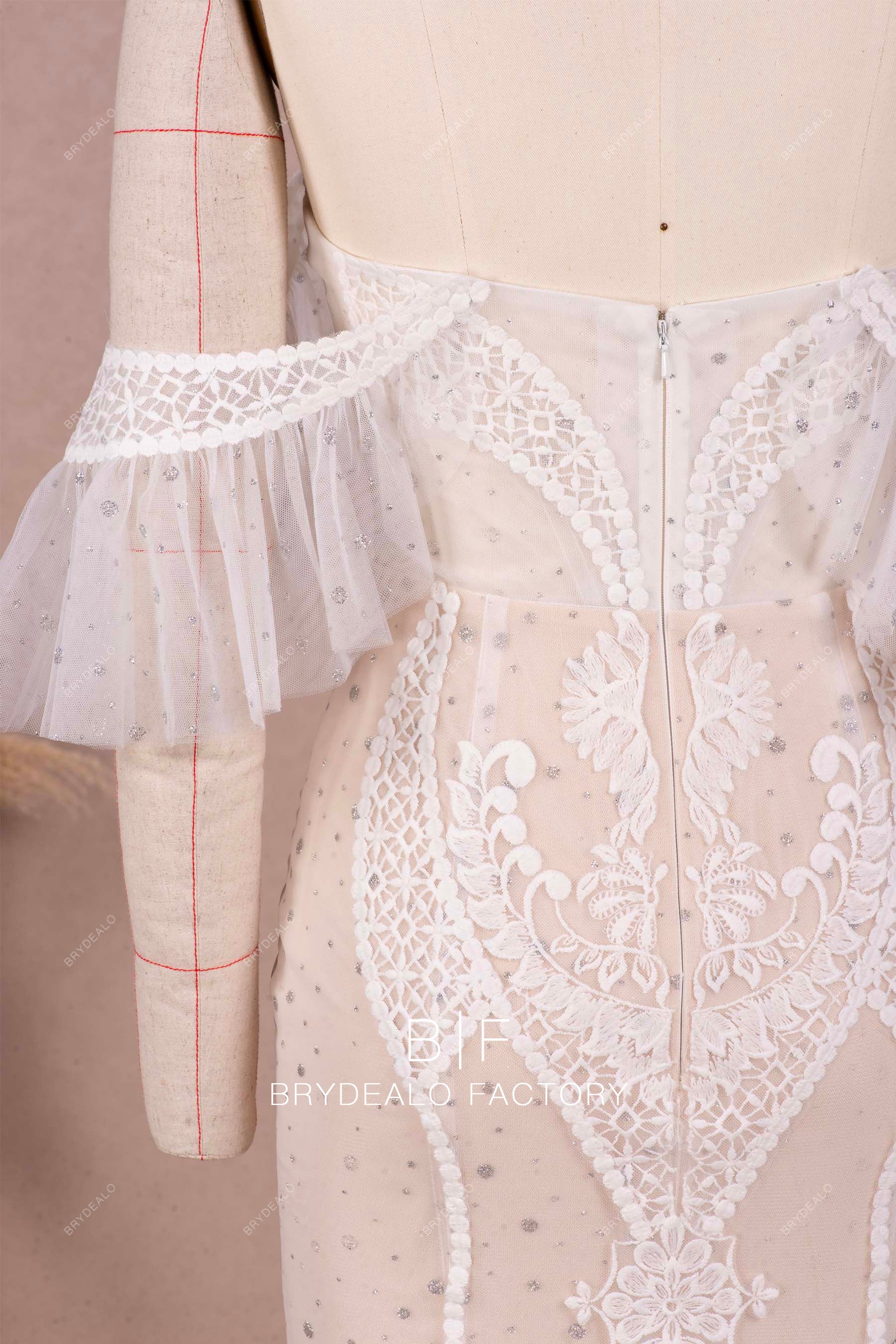 ruffled off shoulder wedding dress