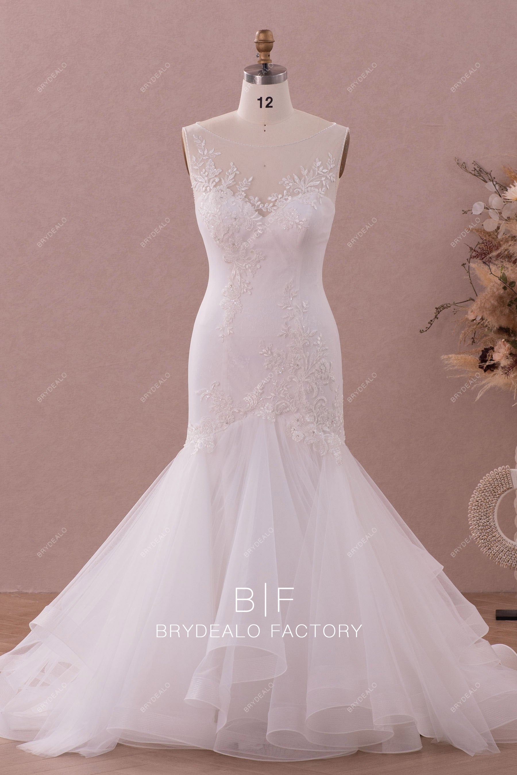 Beaded Lace Spaghetti Straps Trumpet Ruffled Train Wedding Dress