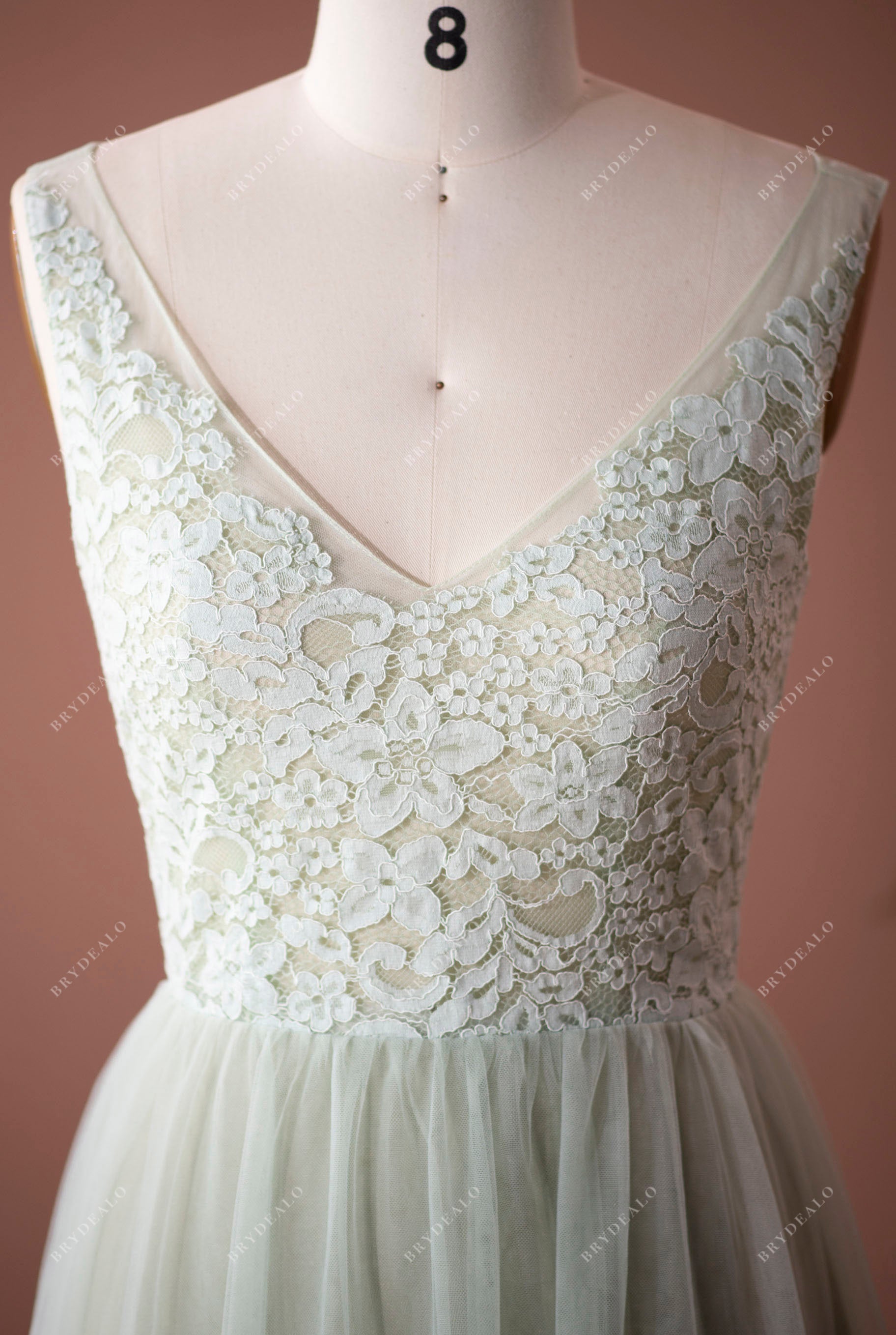 Sage Green Lace Tulle V-neck Bridesmaid Dress