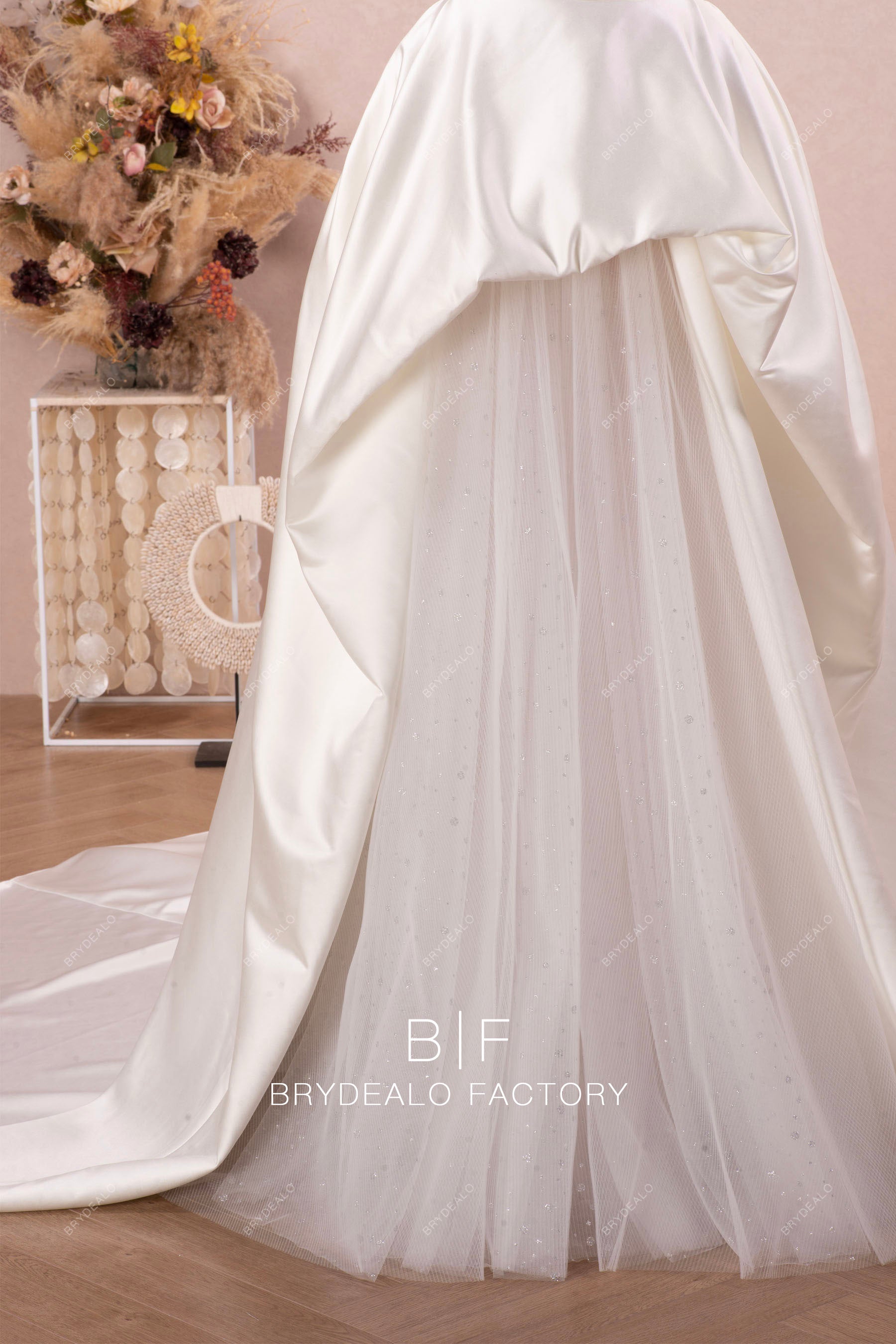 satin shimmery flounced skirt wedding dress