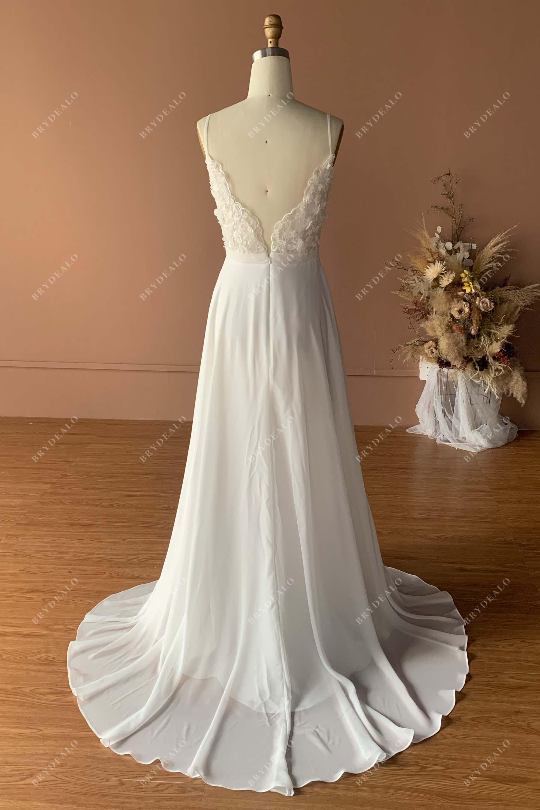 scalloped V-back sweep train wedding gown