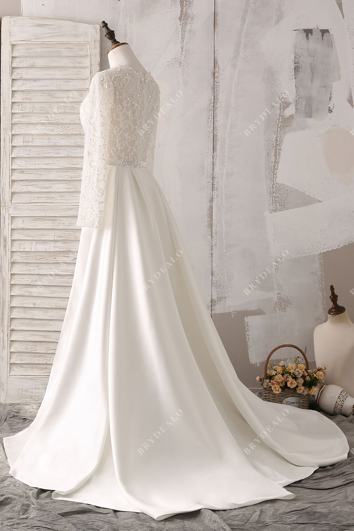 sequin lace satin long sleeve mermaid wedding dress overskirt