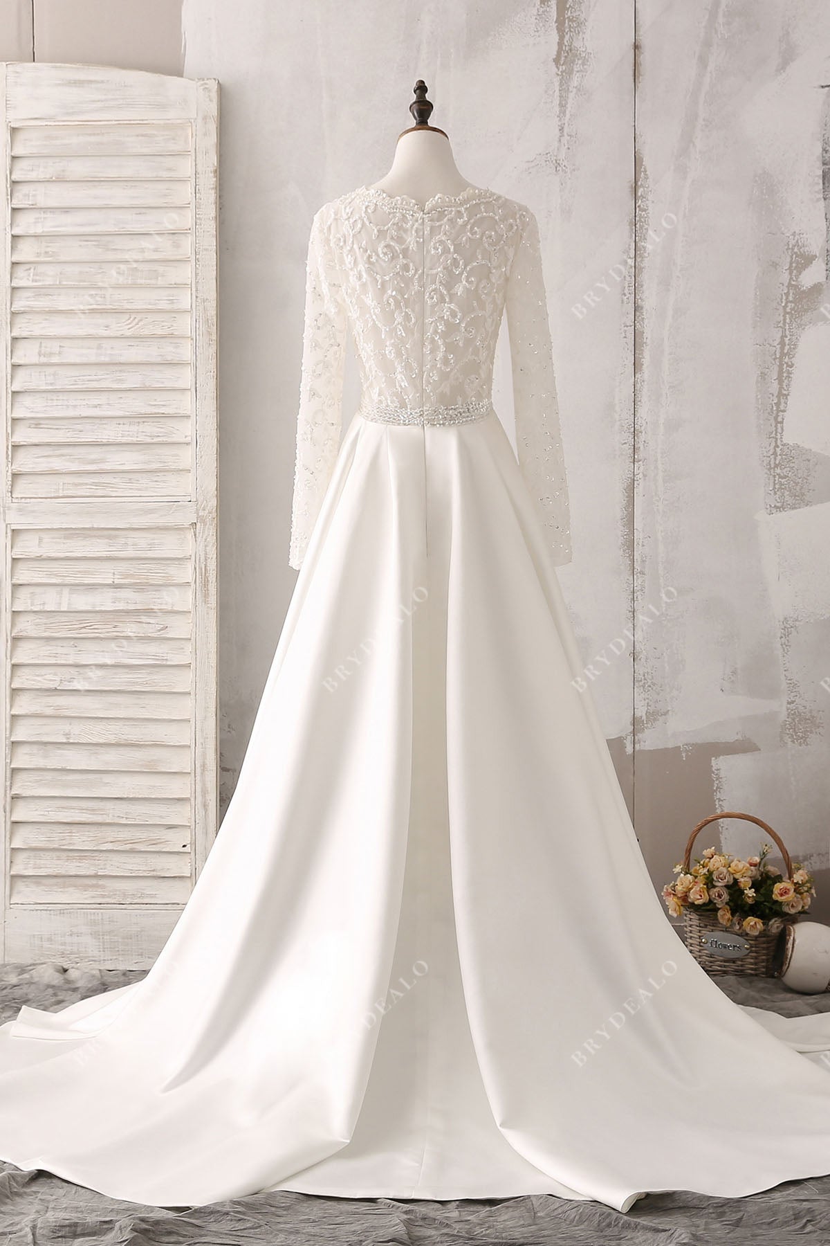 sequin lace satin long sleeve mermaid wedding dress with overskirt