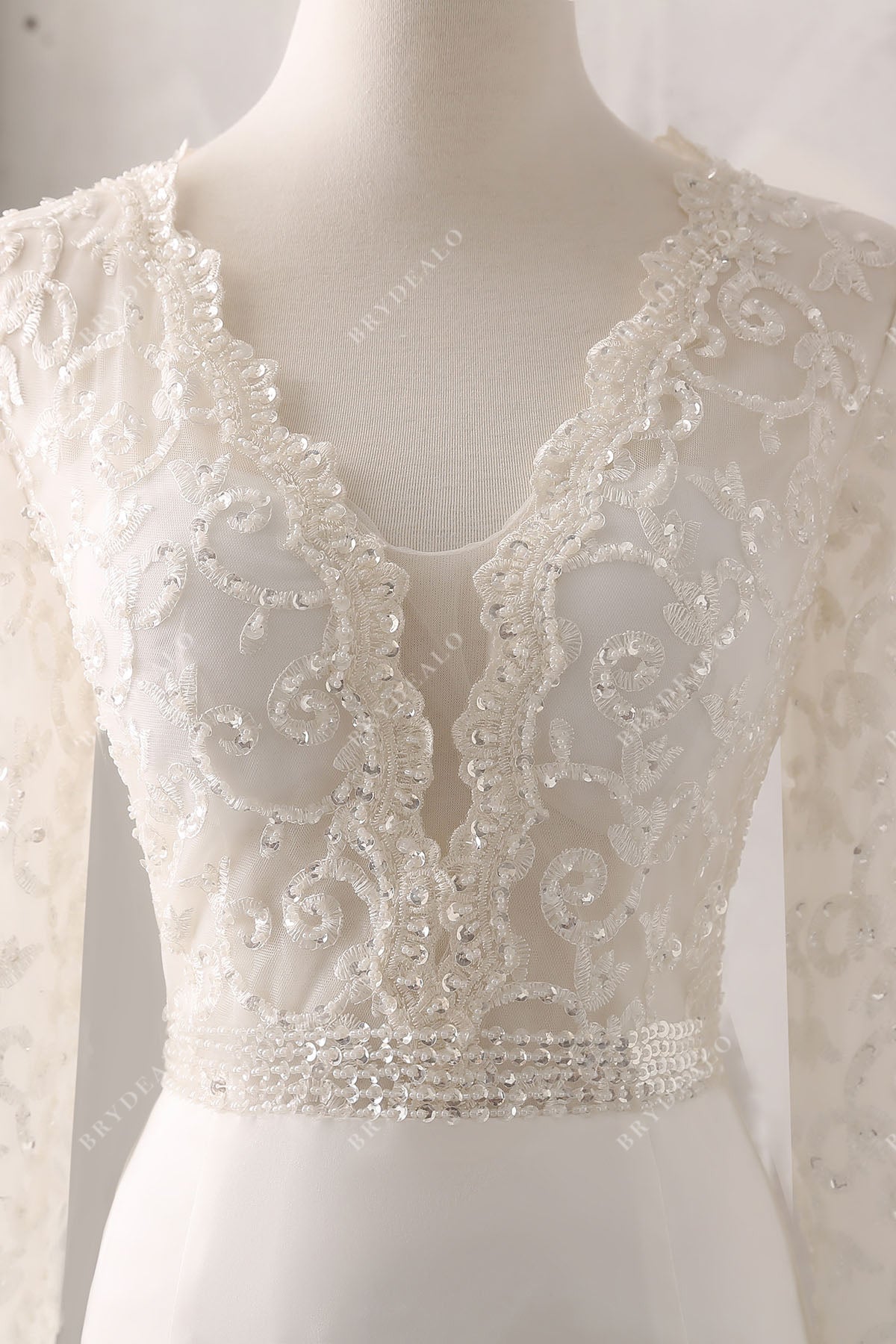 sequin lace satin plunging neck long sleeve gown