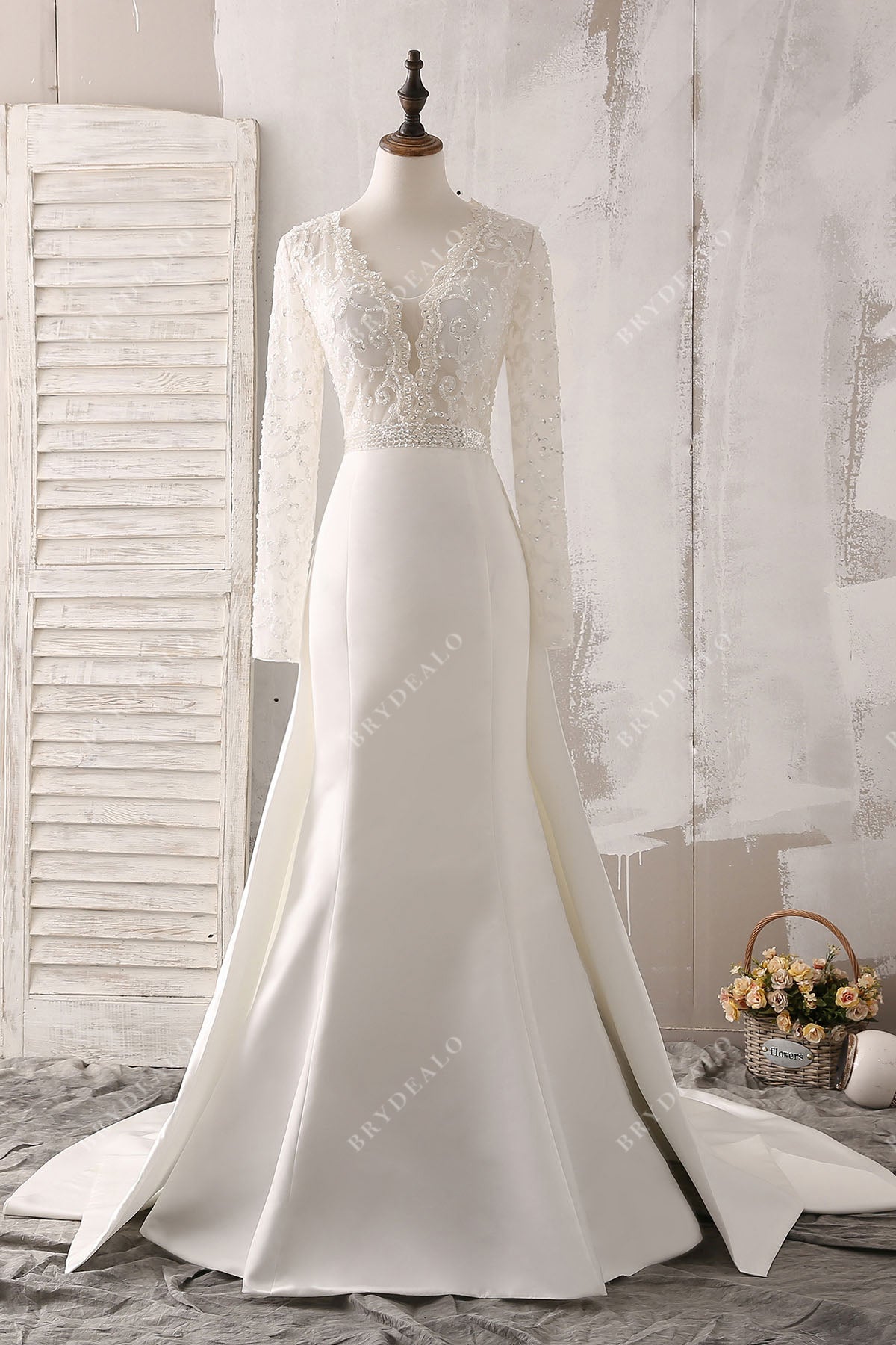 sequin lace satin scalloped plunging neck long sleeve wedding dress with overskirt