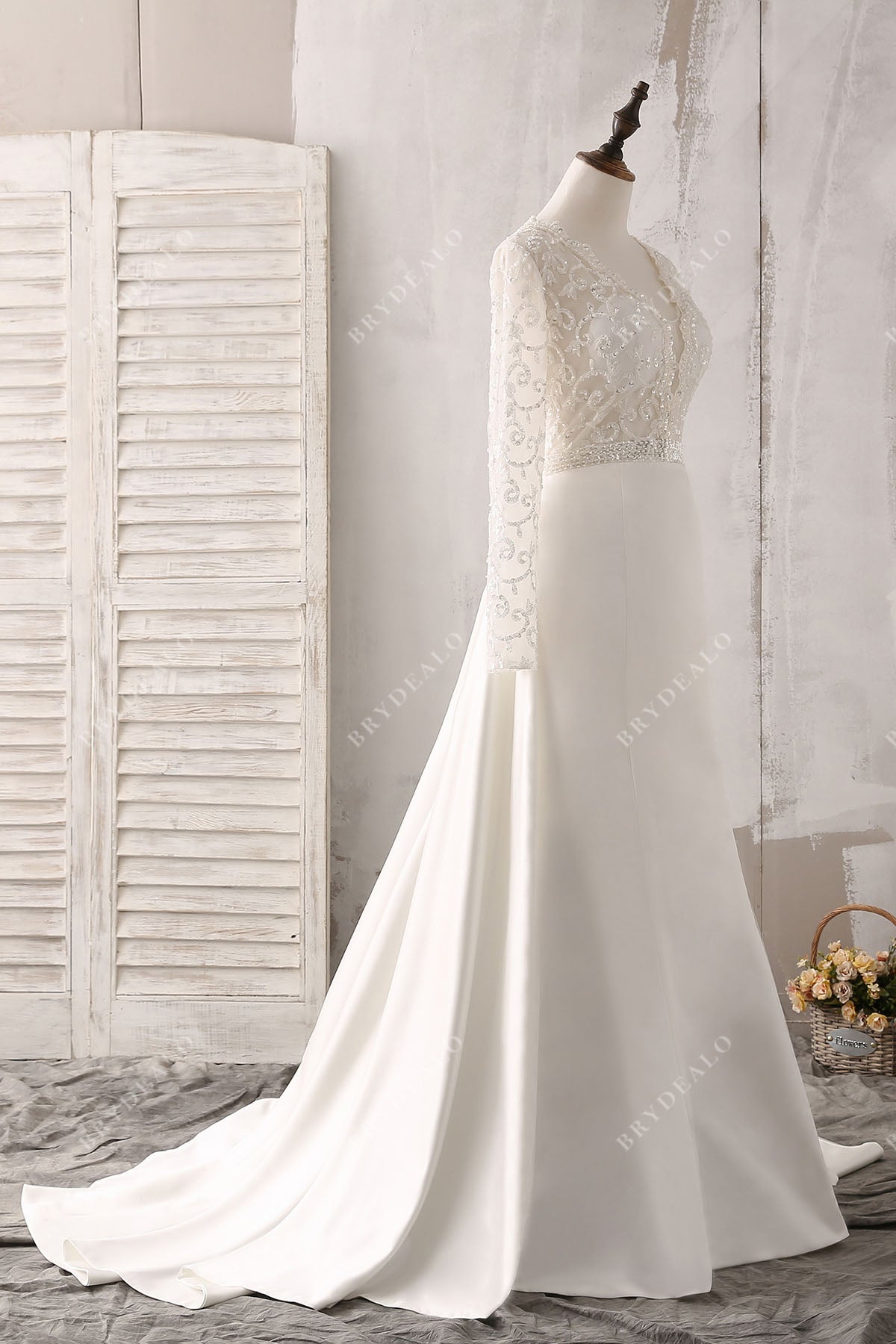 sequin lace satin scalloped plunging neck long sleeves overskirt bridal gown