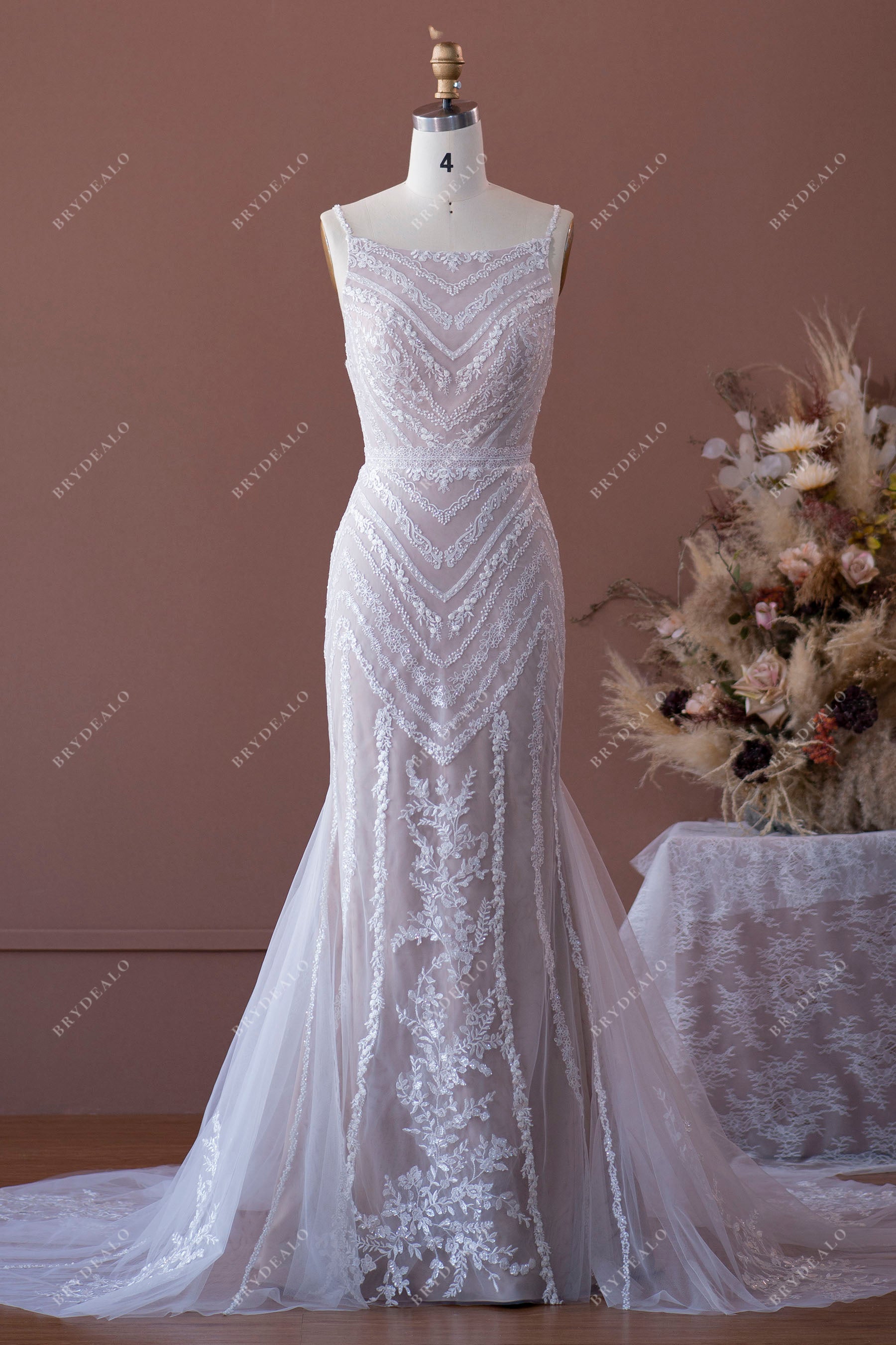 fitted lace wedding dress Sequin Lace Spaghetti Straps Mermaid Bridal Dress