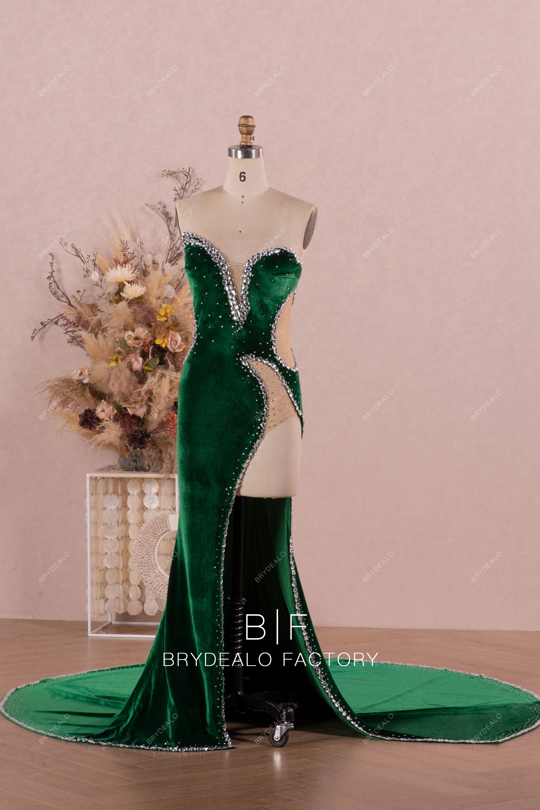 sexy high slit rhinestone velvet prom dress