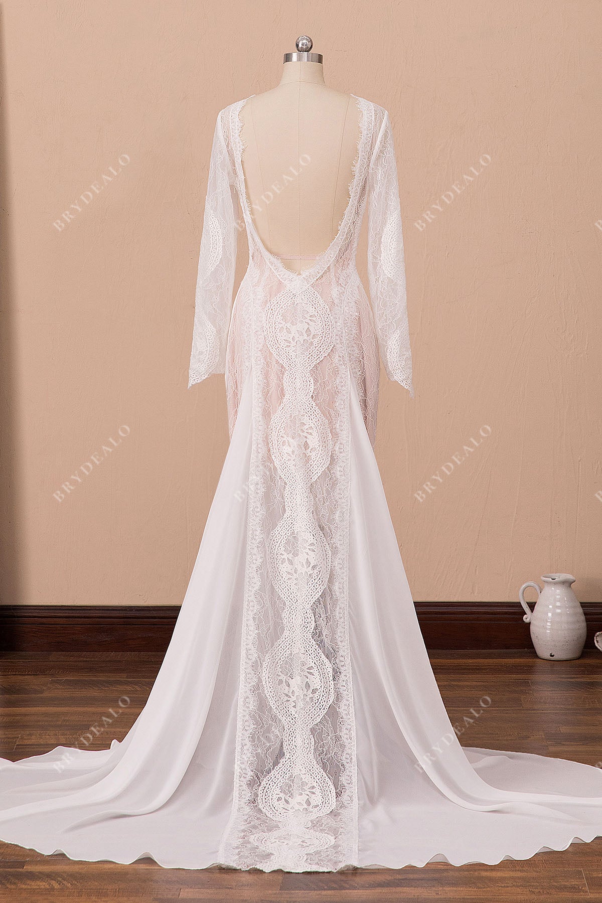 sexy low back lace chiffon long sleeves godet boho wedding gown