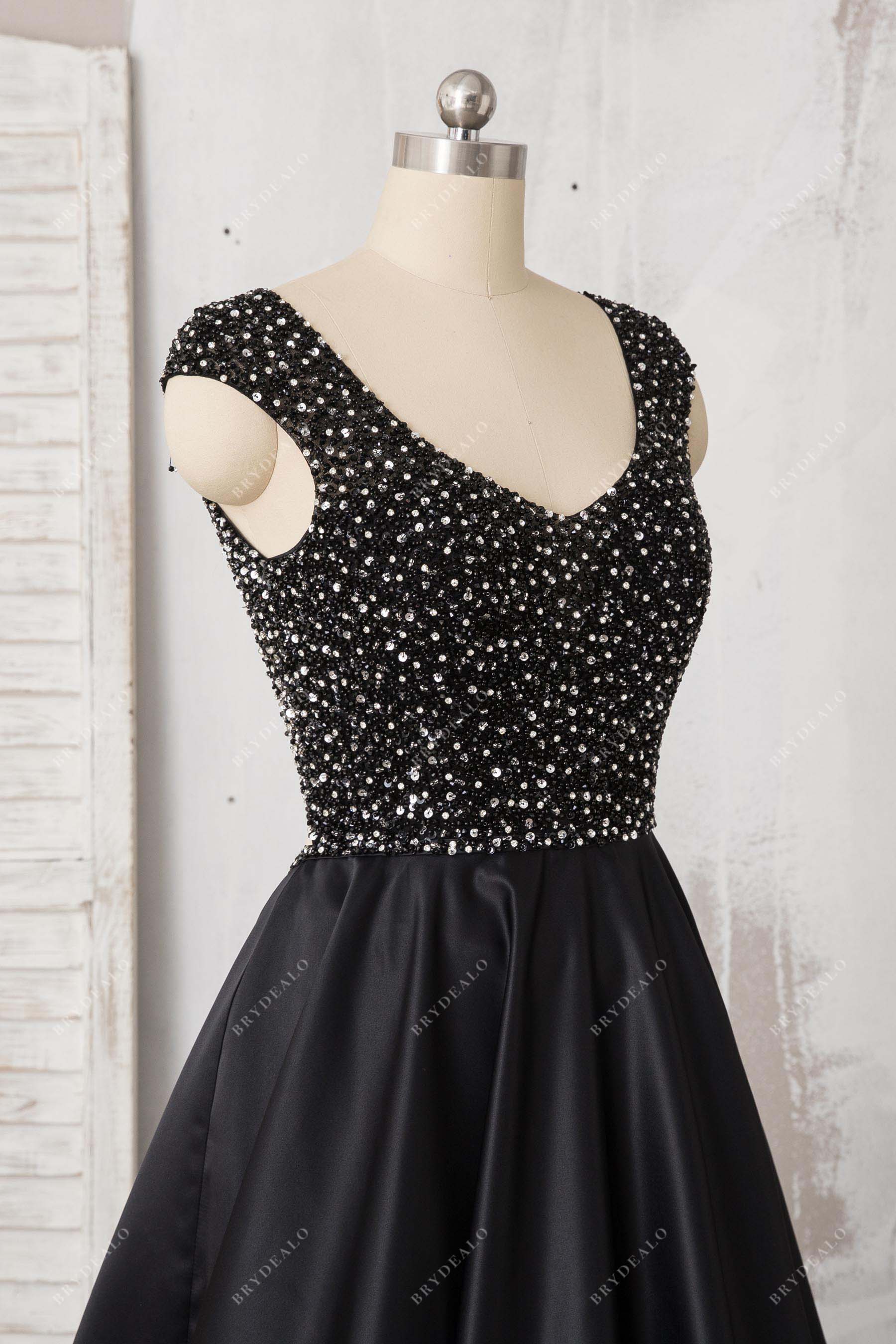 sheer cap sleeve black beaded prom gown