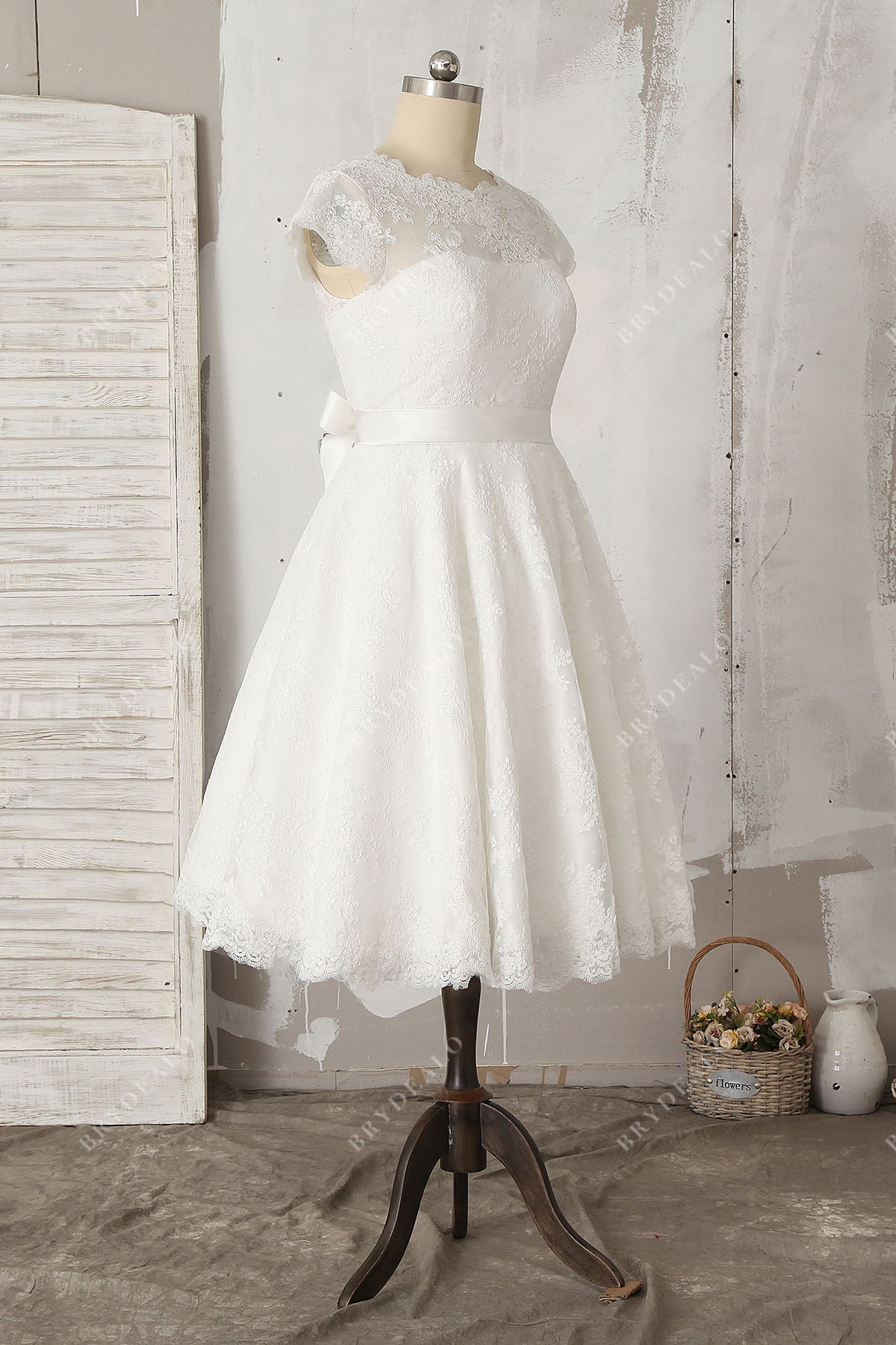 sheer cap sleeves short lace bridal gown