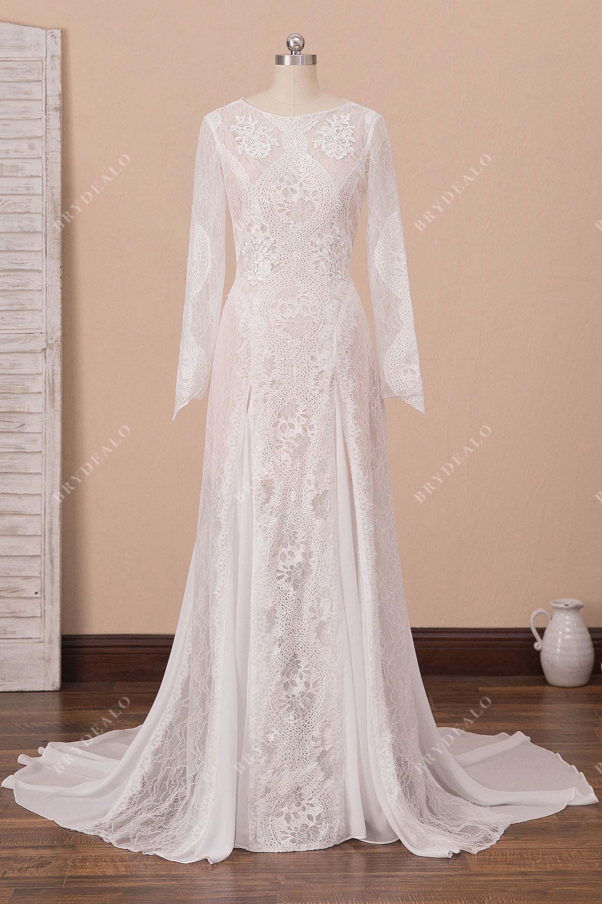Sheer Lace Chiffon Long Sleeve Boho Wedding Dress Blushing Pink