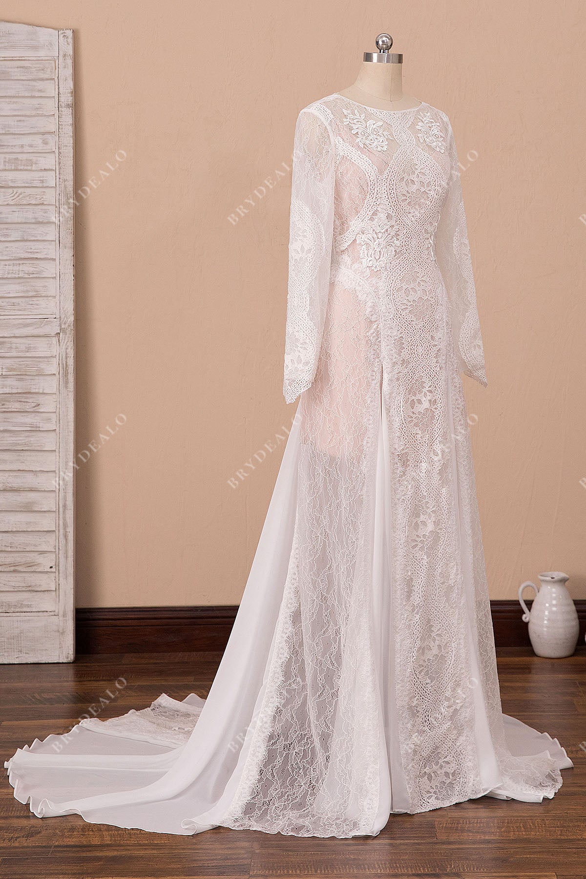 sheer lace chiffon long sleeves godet boho bridal gown