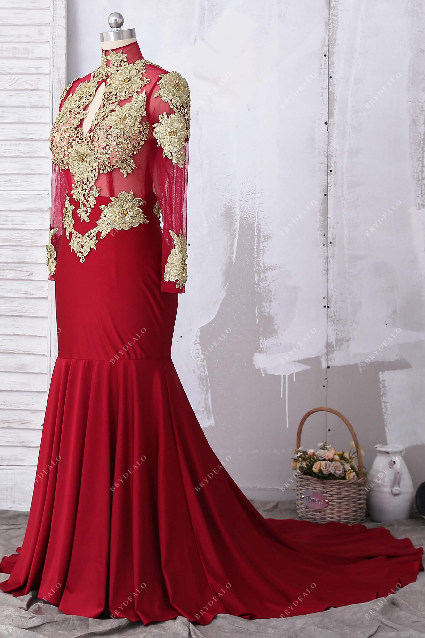 sheer long sleeved keyhole high neck prom dress