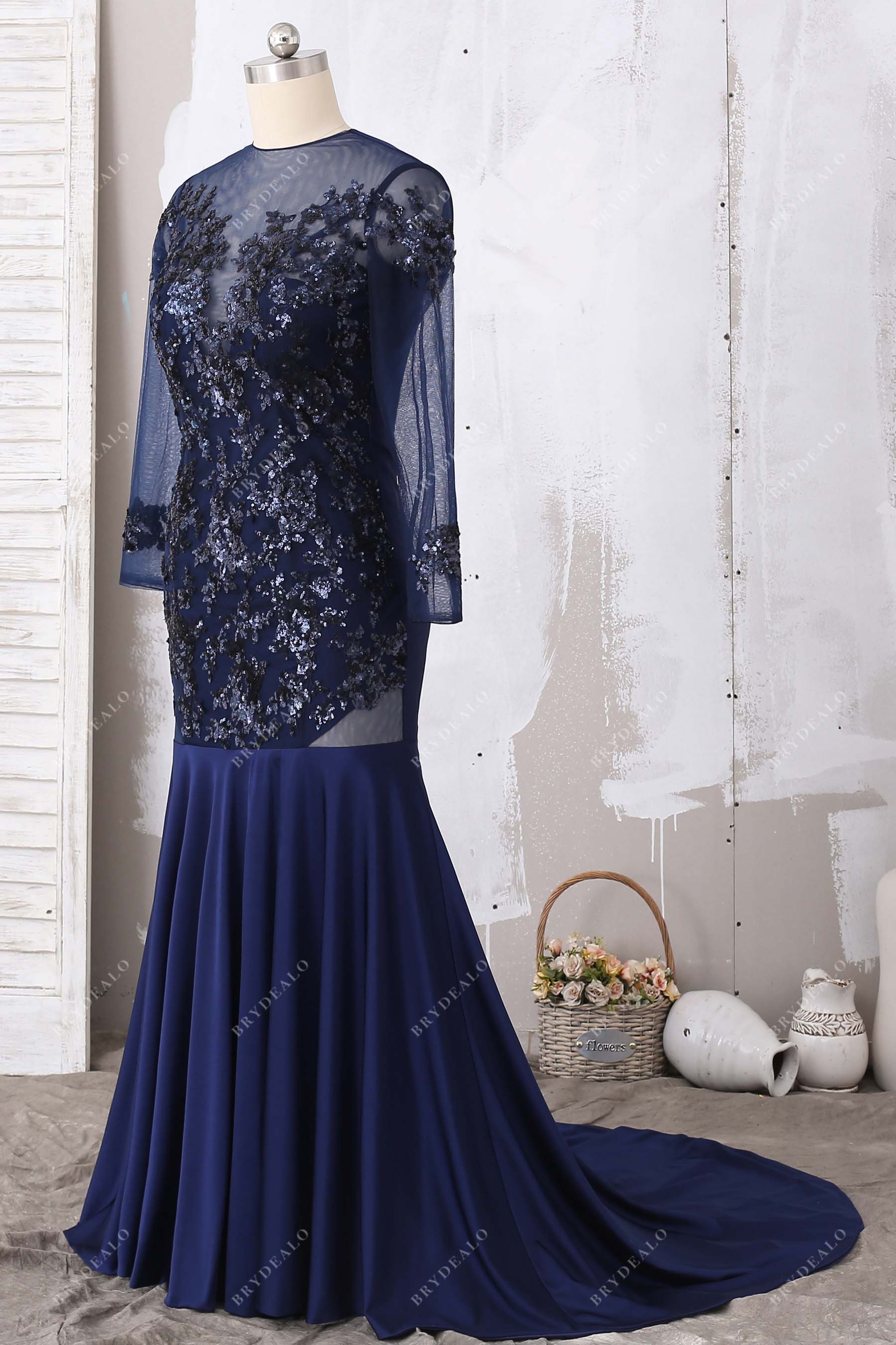 sheer sleeve navy jersey mermaid prom dress