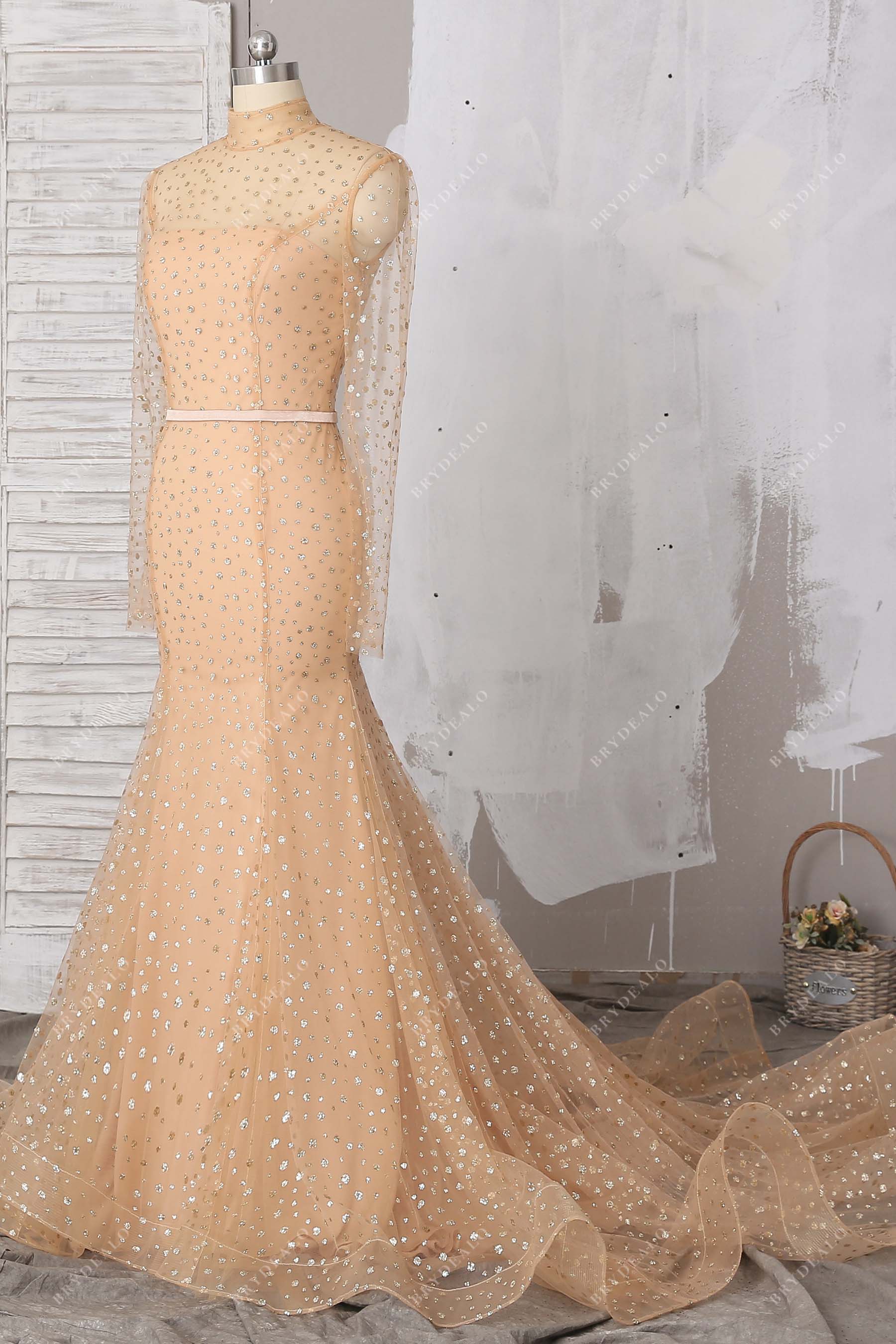 sheer sleeves high neck mermaid prom dress