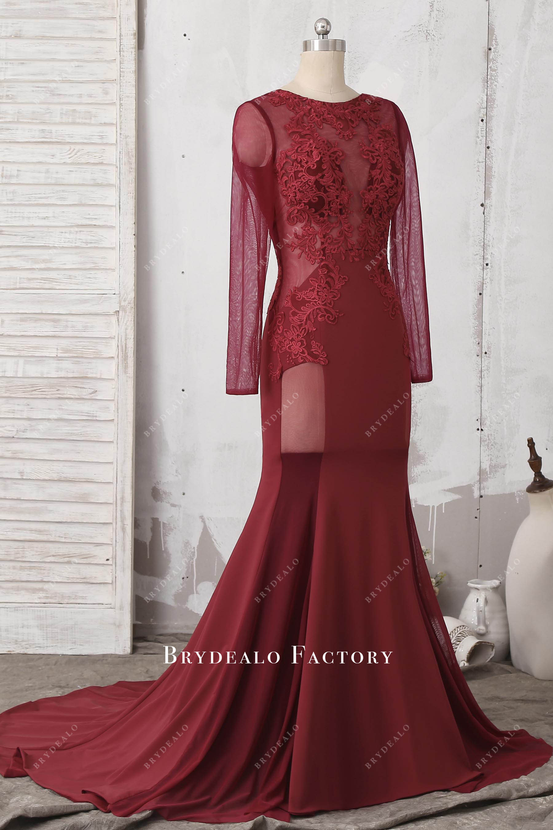 sheer sleeves mermaid prom dress