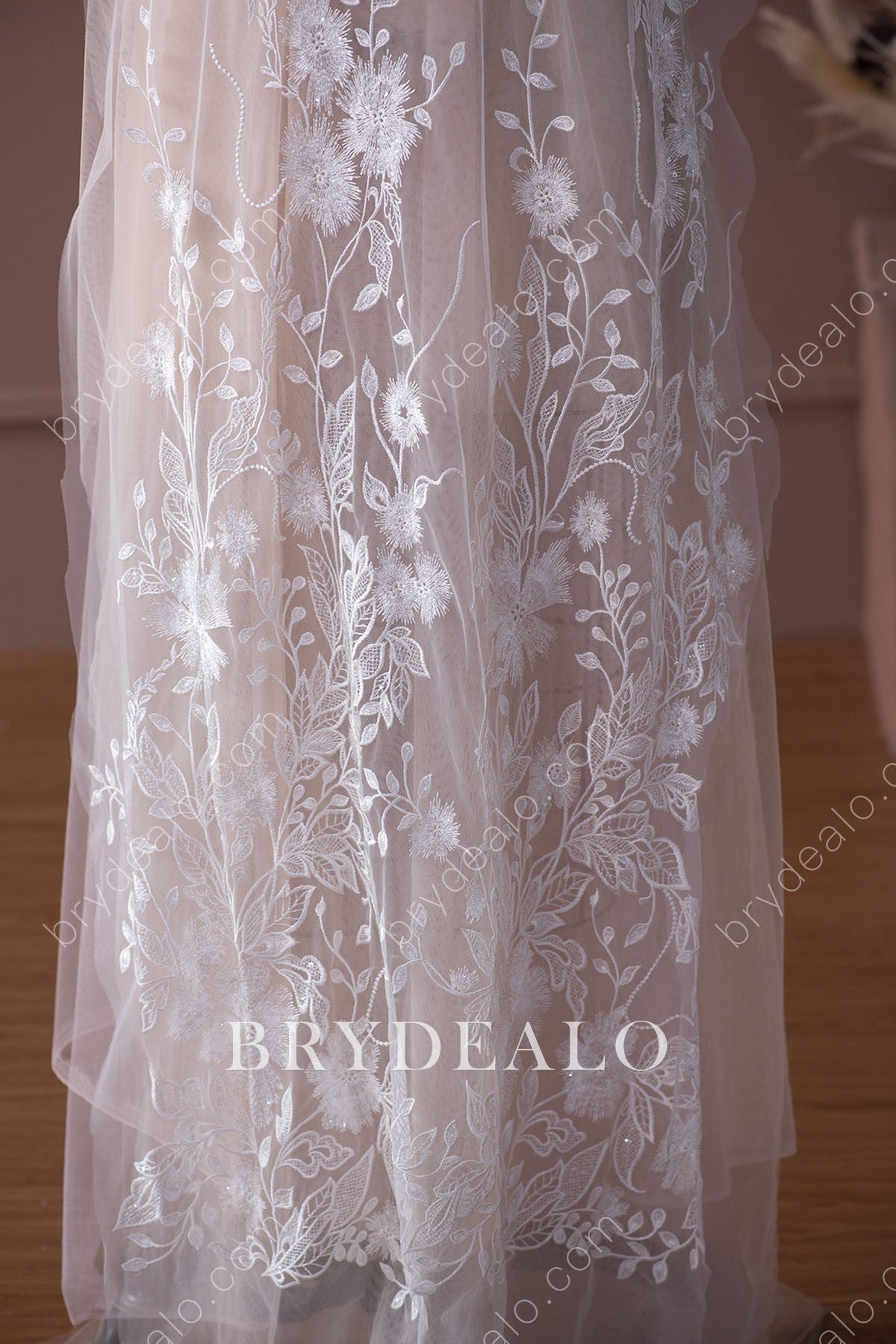 Shimmering Sequin Leaf Bridal Lace Fabric for Wholesale
