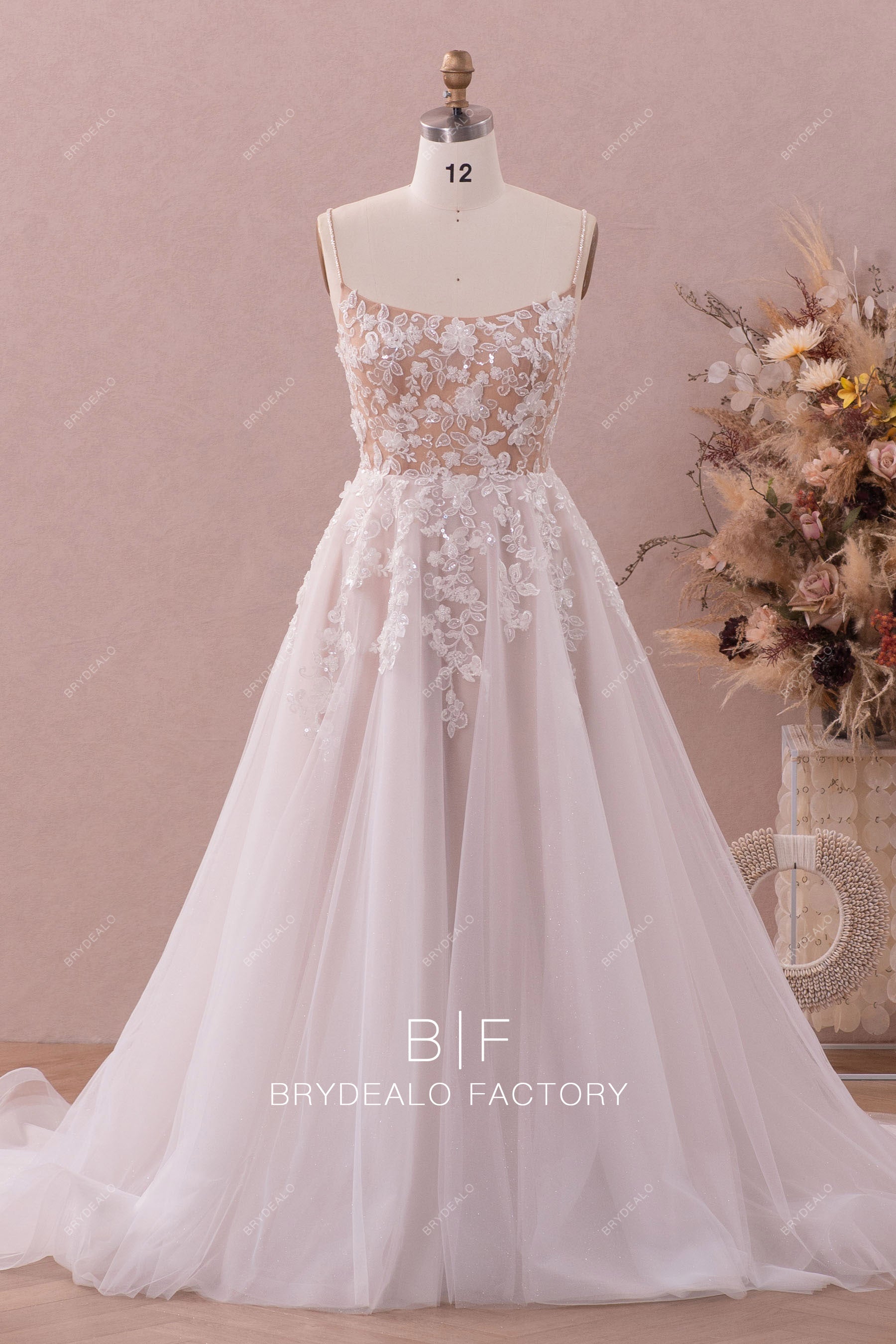 shimmery beaded straps 3D flower wedding gown