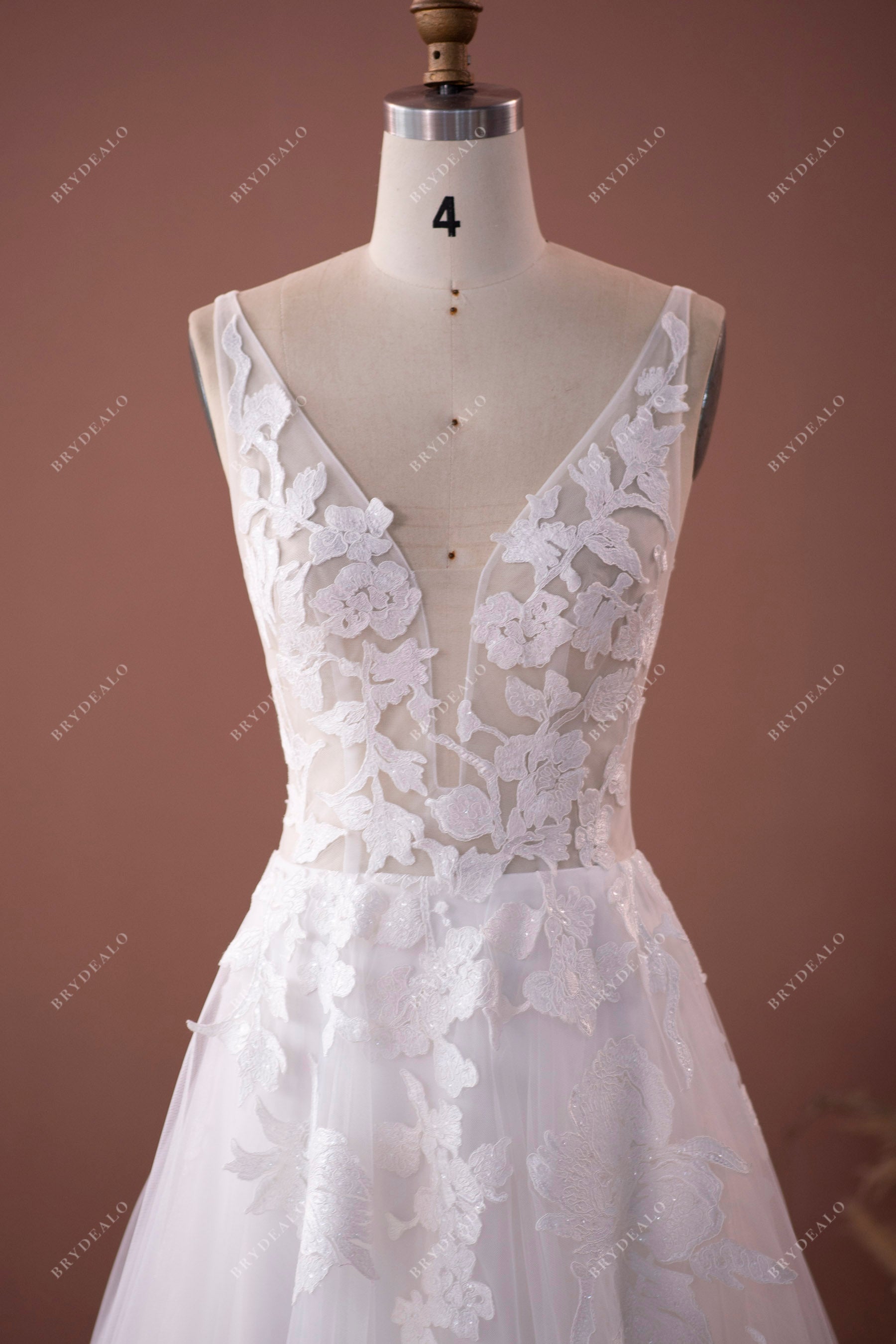 shimmery lace plunging straps wedding dress