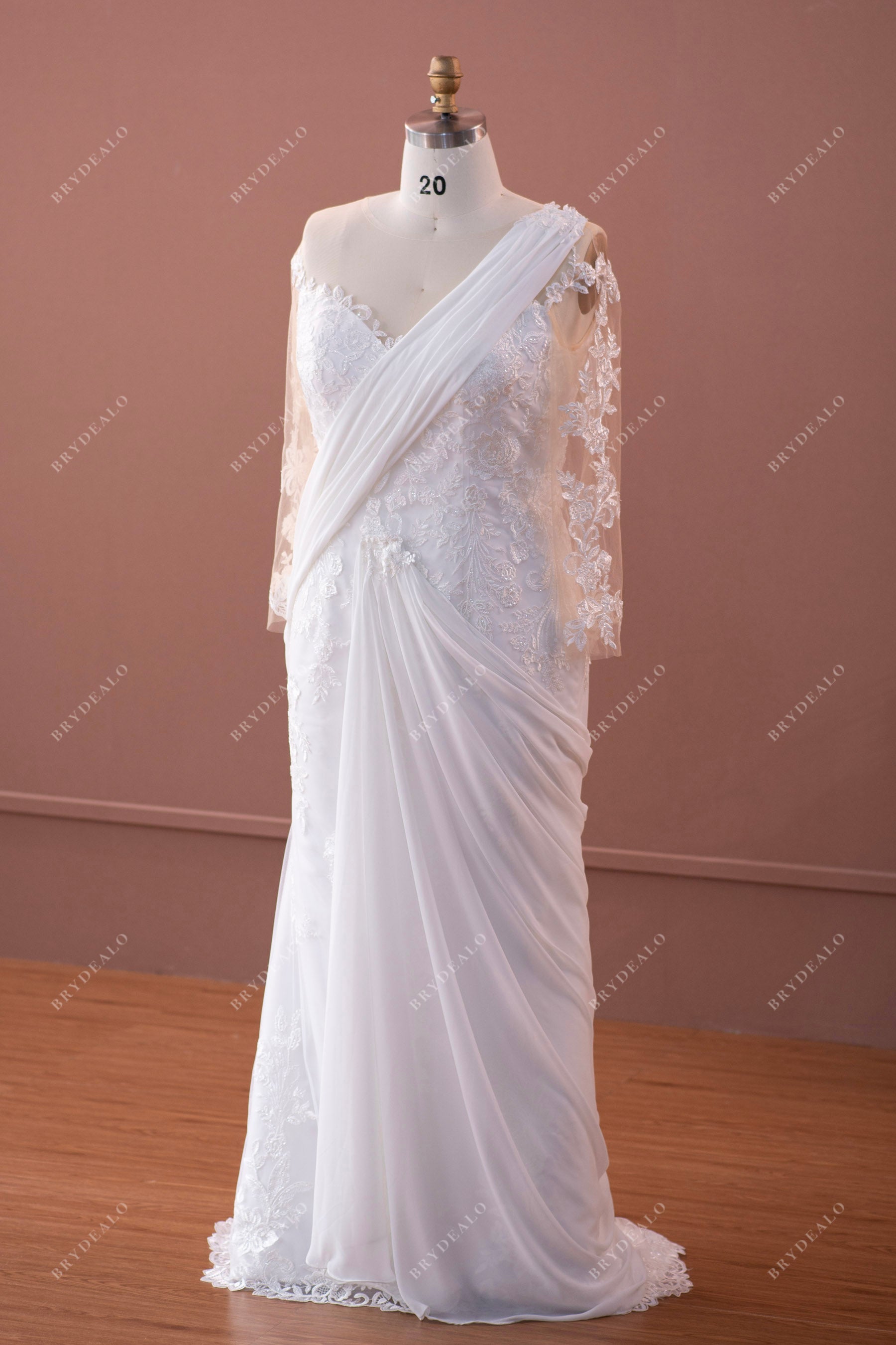 designer shimmery lace wedding dress with detachable sari