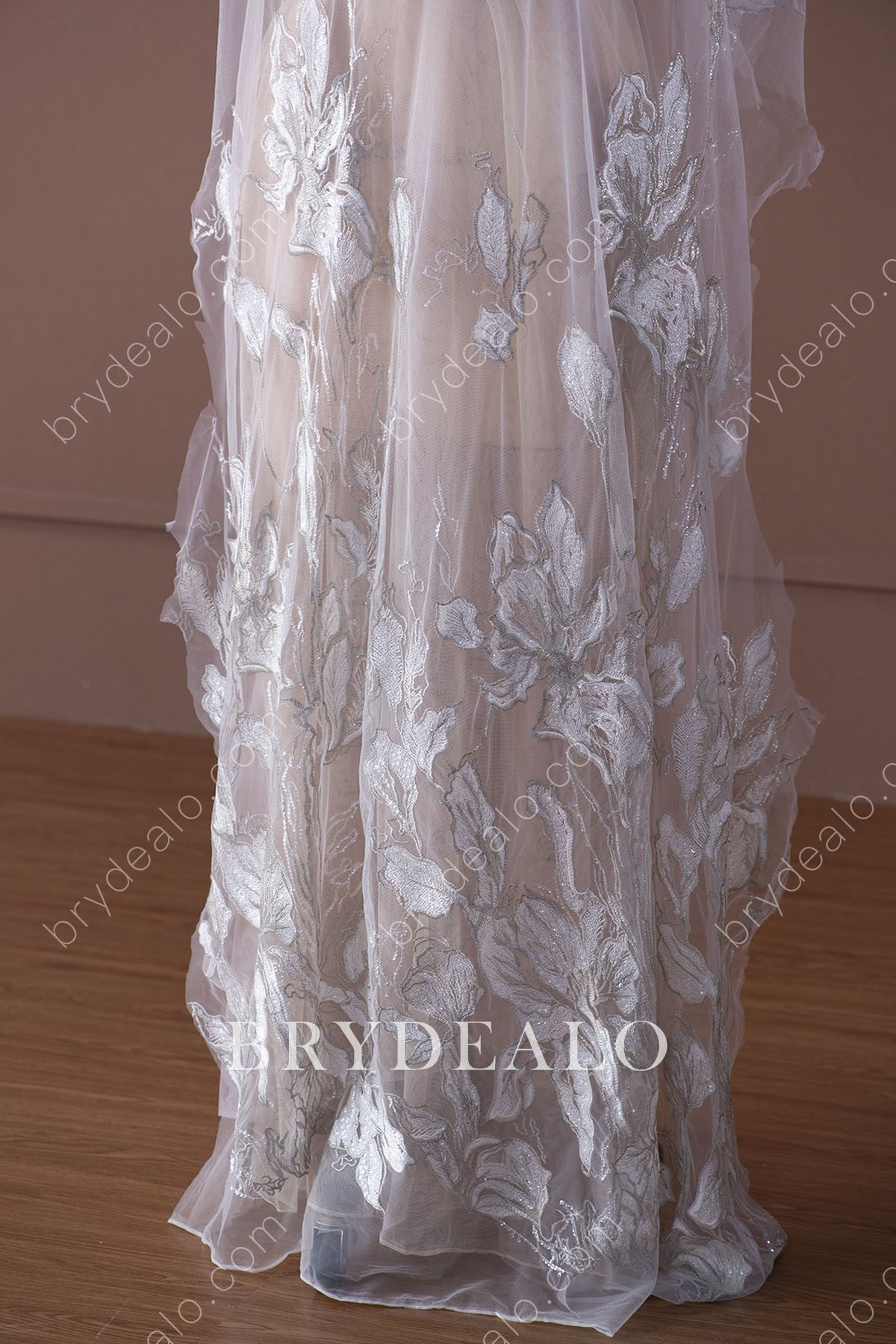 Shimmery Large Leaf Glitter Wholesale Bridal Lace Fabric