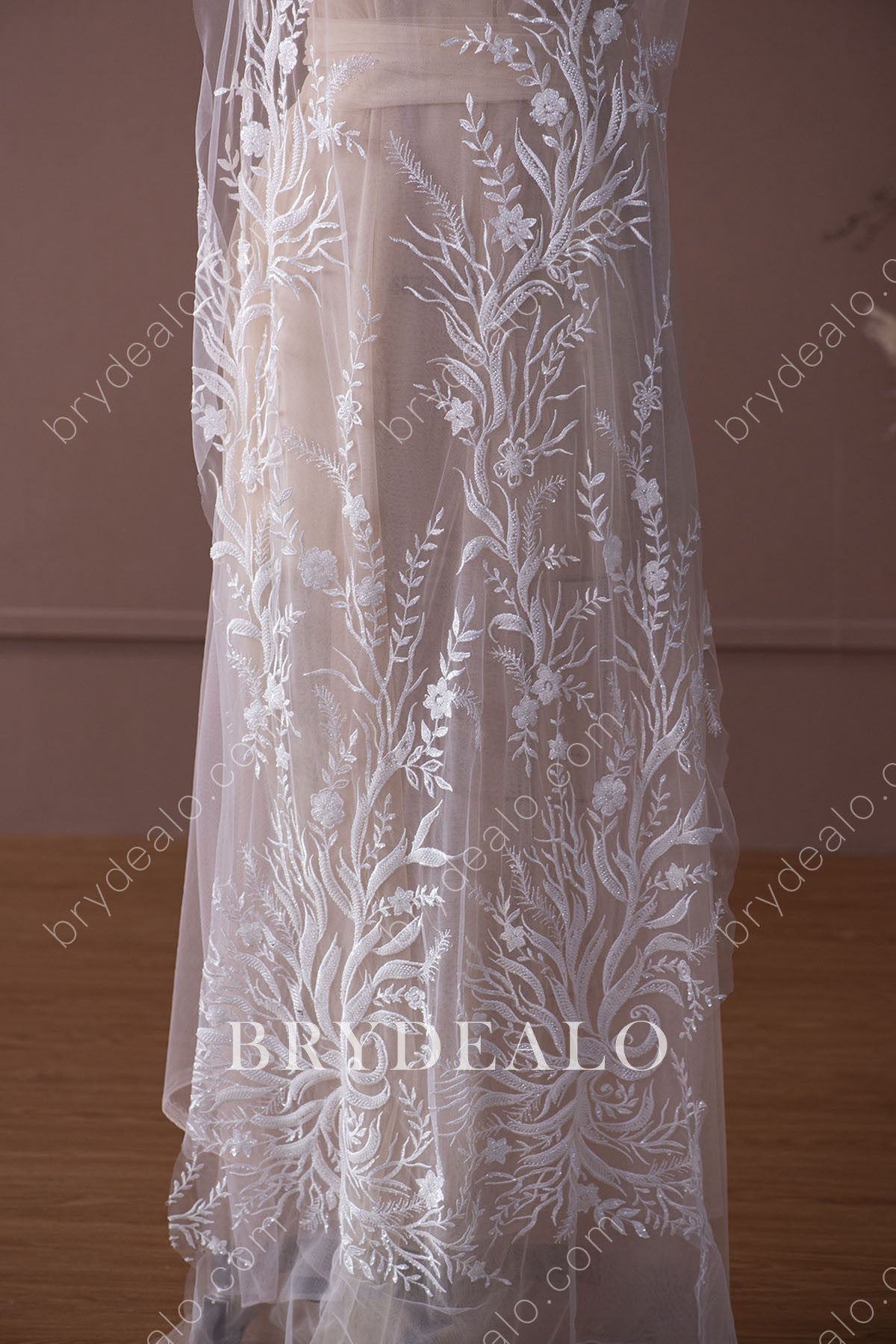 Best Shiny Beaded Sequined Branch Bridal Lace Fabric